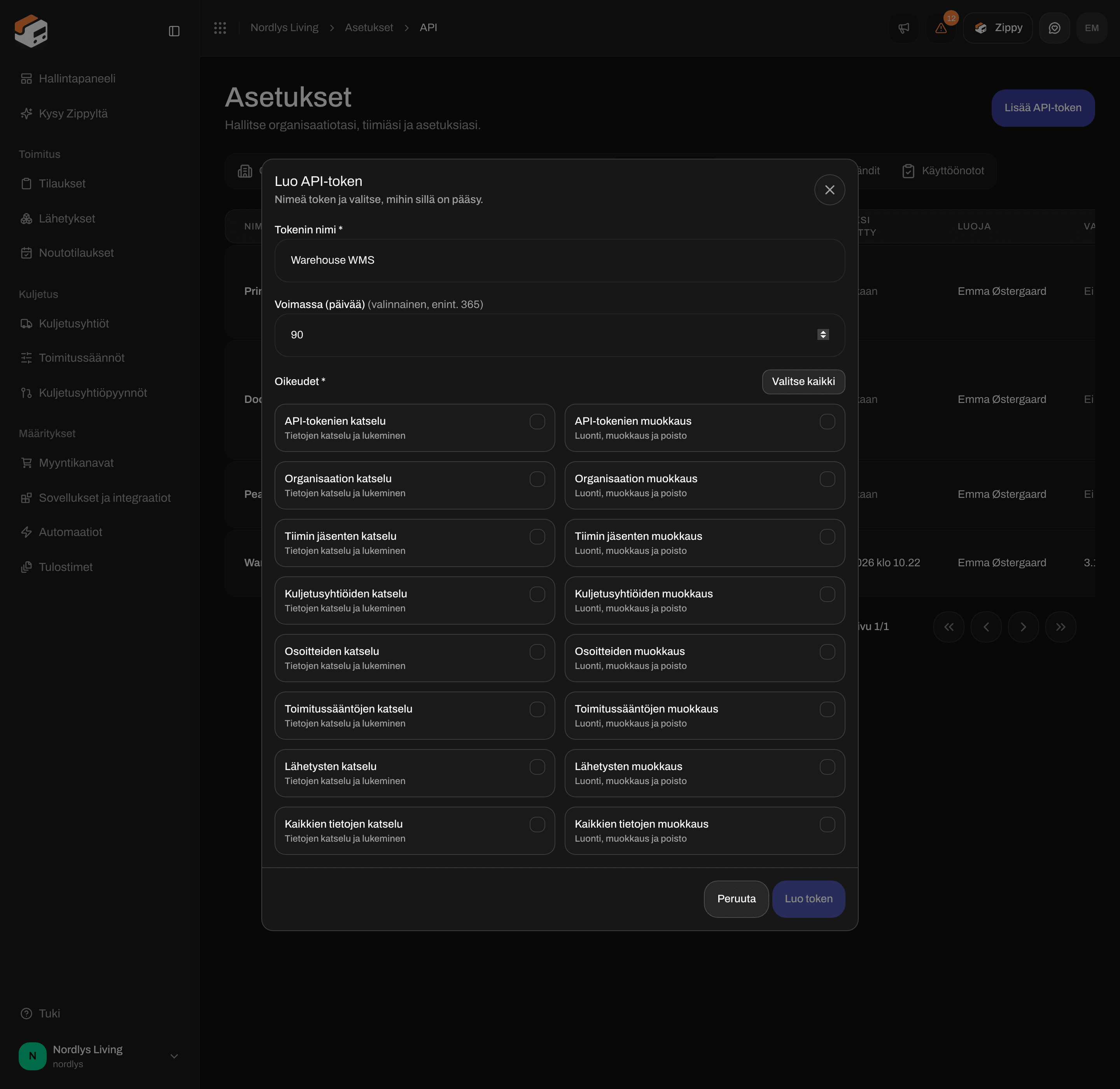 Luo API-token -ikkuna, jossa Tokenin nimi, Voimassa (päivää) ja oikeuksien valintaruudut