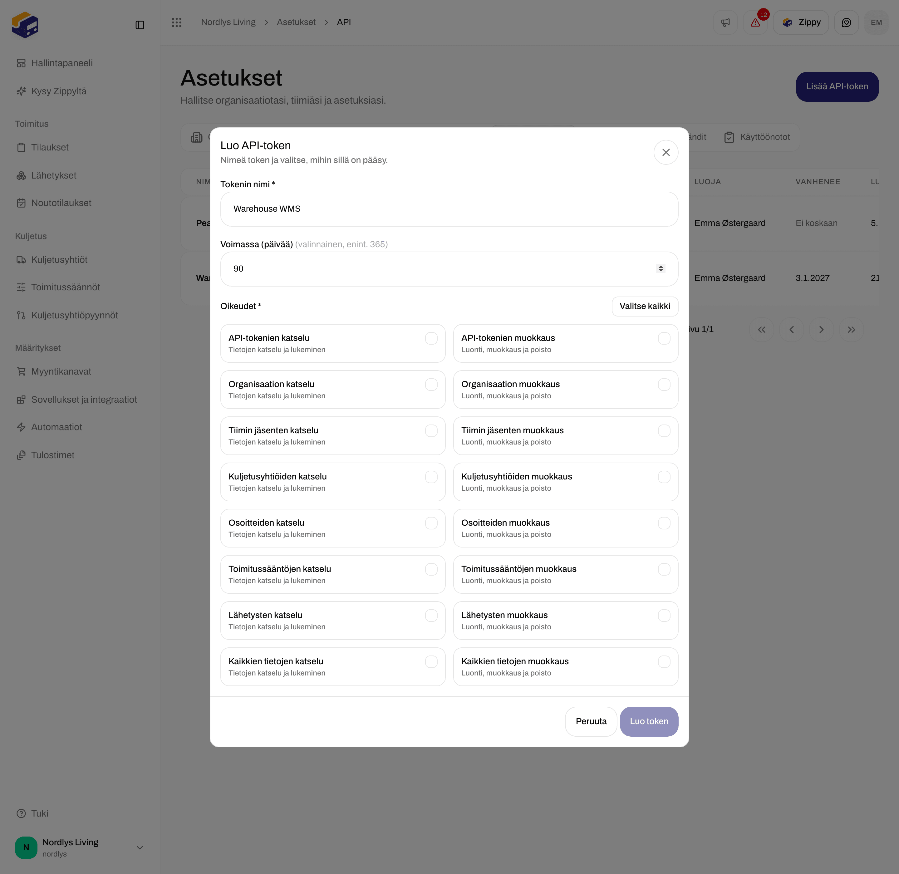 Luo API-token -ikkuna, jossa Tokenin nimi, Voimassa (päivää) ja oikeuksien valintaruudut