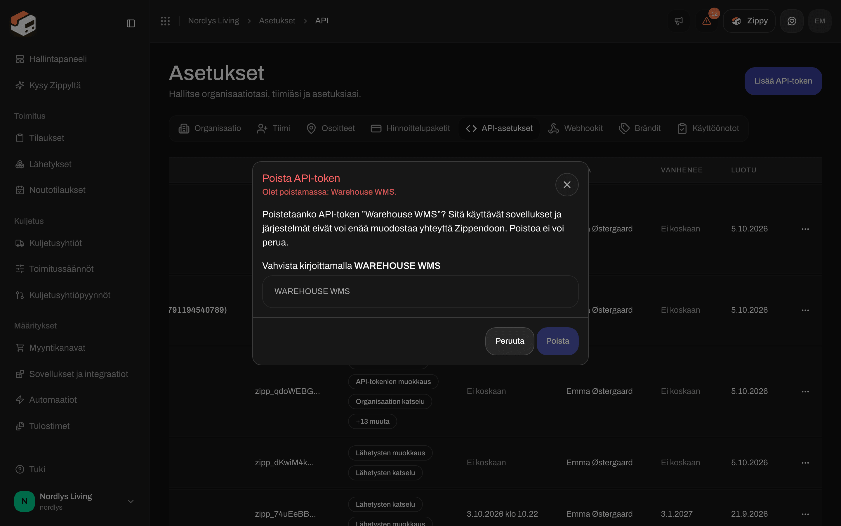 Poista API-token -ikkuna, jossa kenttä nimen kirjoittamista varten vahvistukseksi