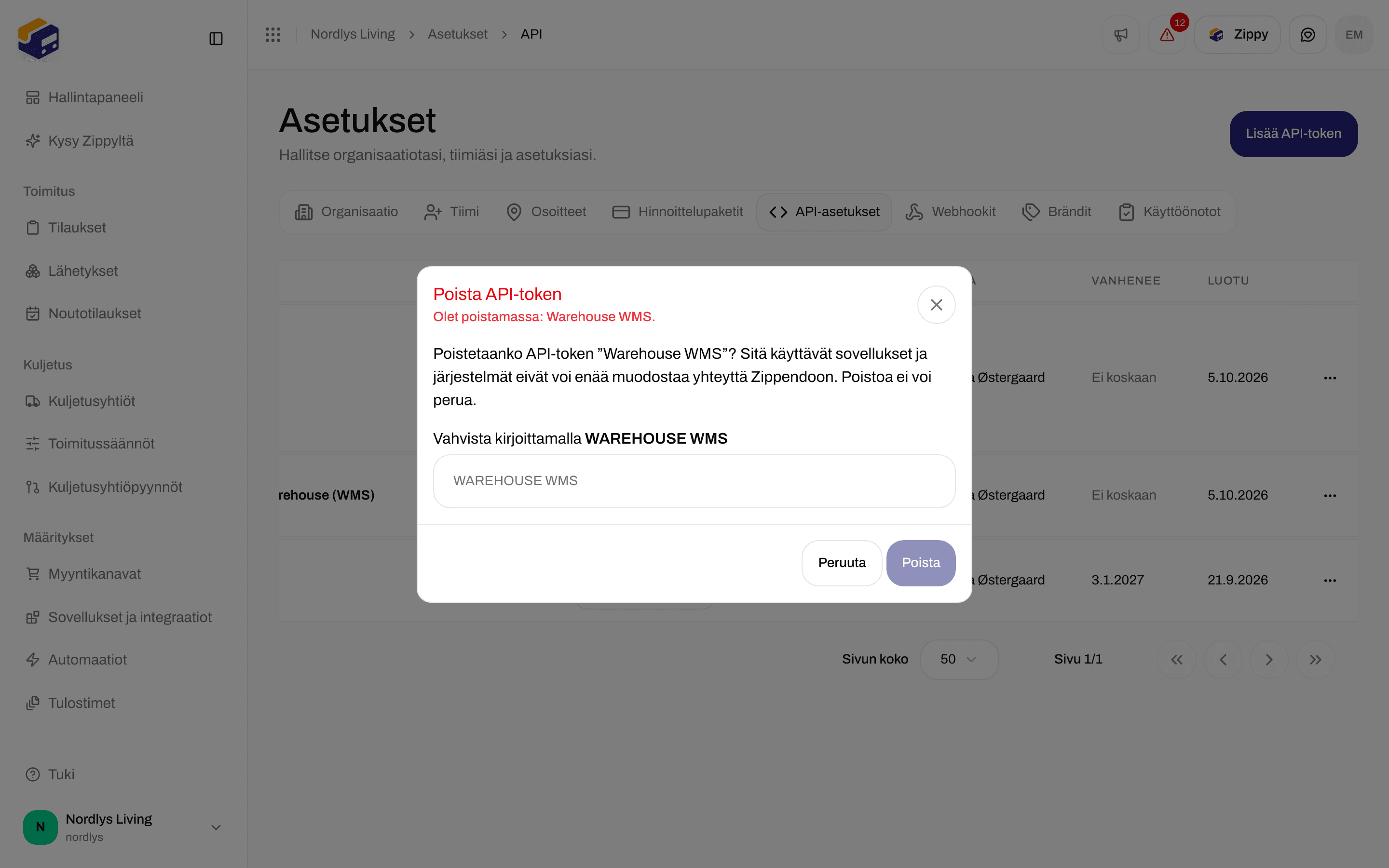 Poista API-token -ikkuna, jossa kenttä nimen kirjoittamista varten vahvistukseksi