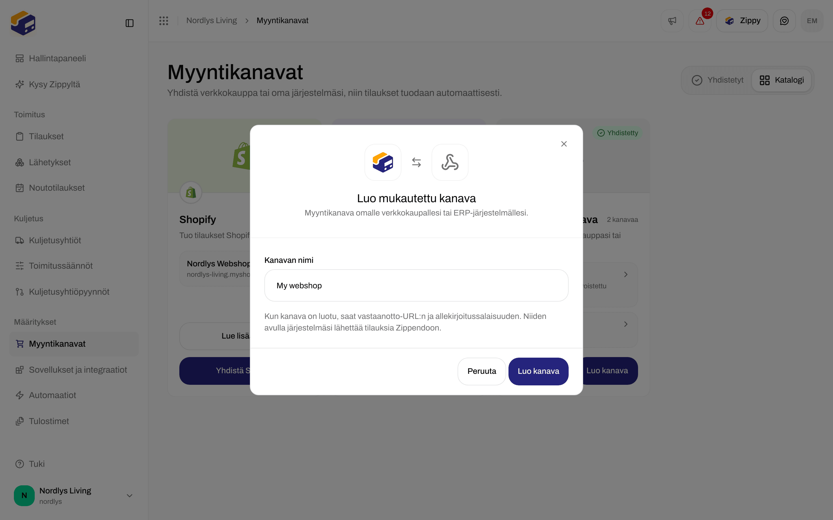 Luo mukautettu kanava -ikkuna, jossa Kanavan nimeksi on täytetty Verkkokauppani, sekä Luo kanava ja Peruuta