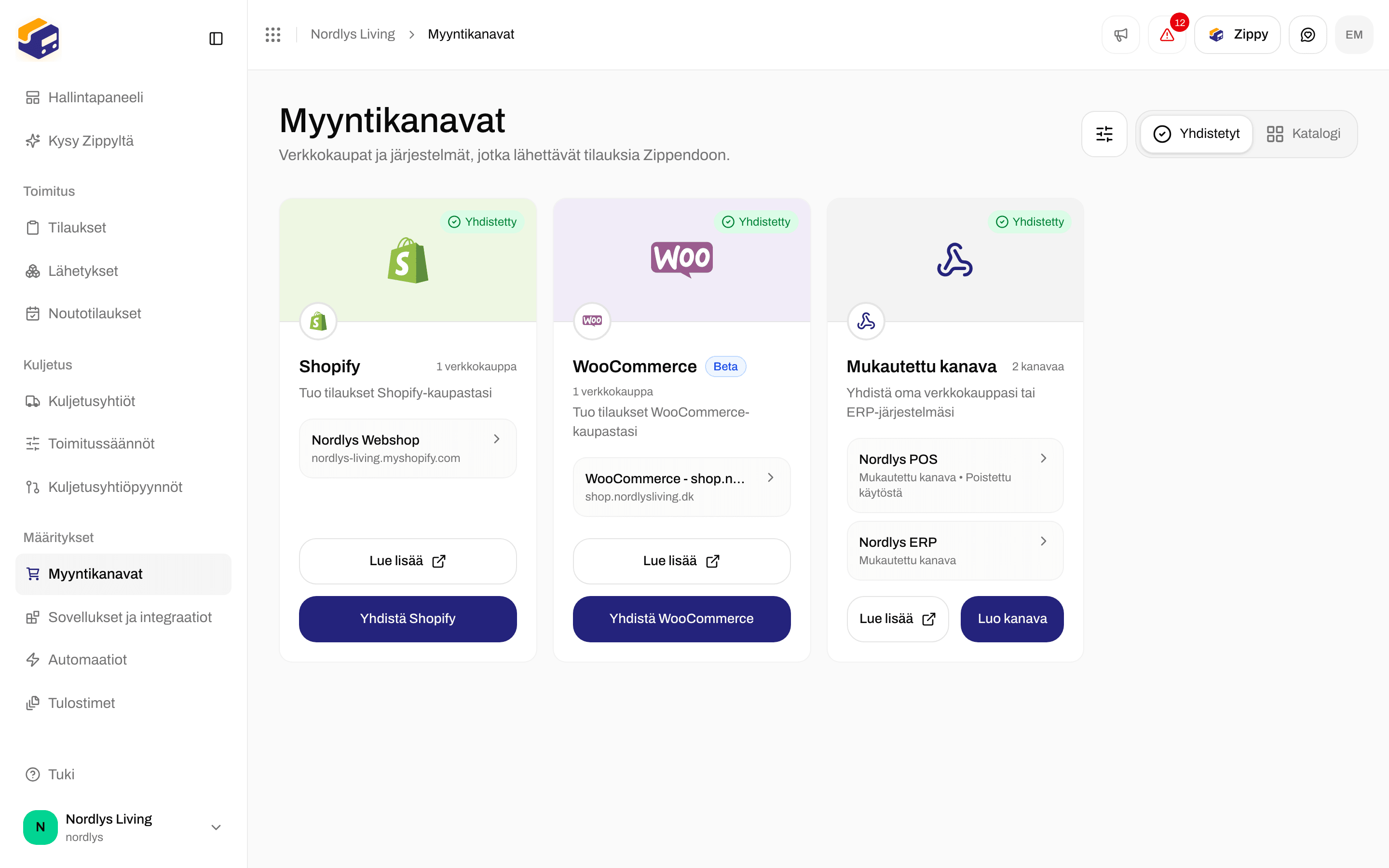 Myyntikanavat-sivu, jossa mukautettu kanava on merkitty tilaan Poistettu käytöstä