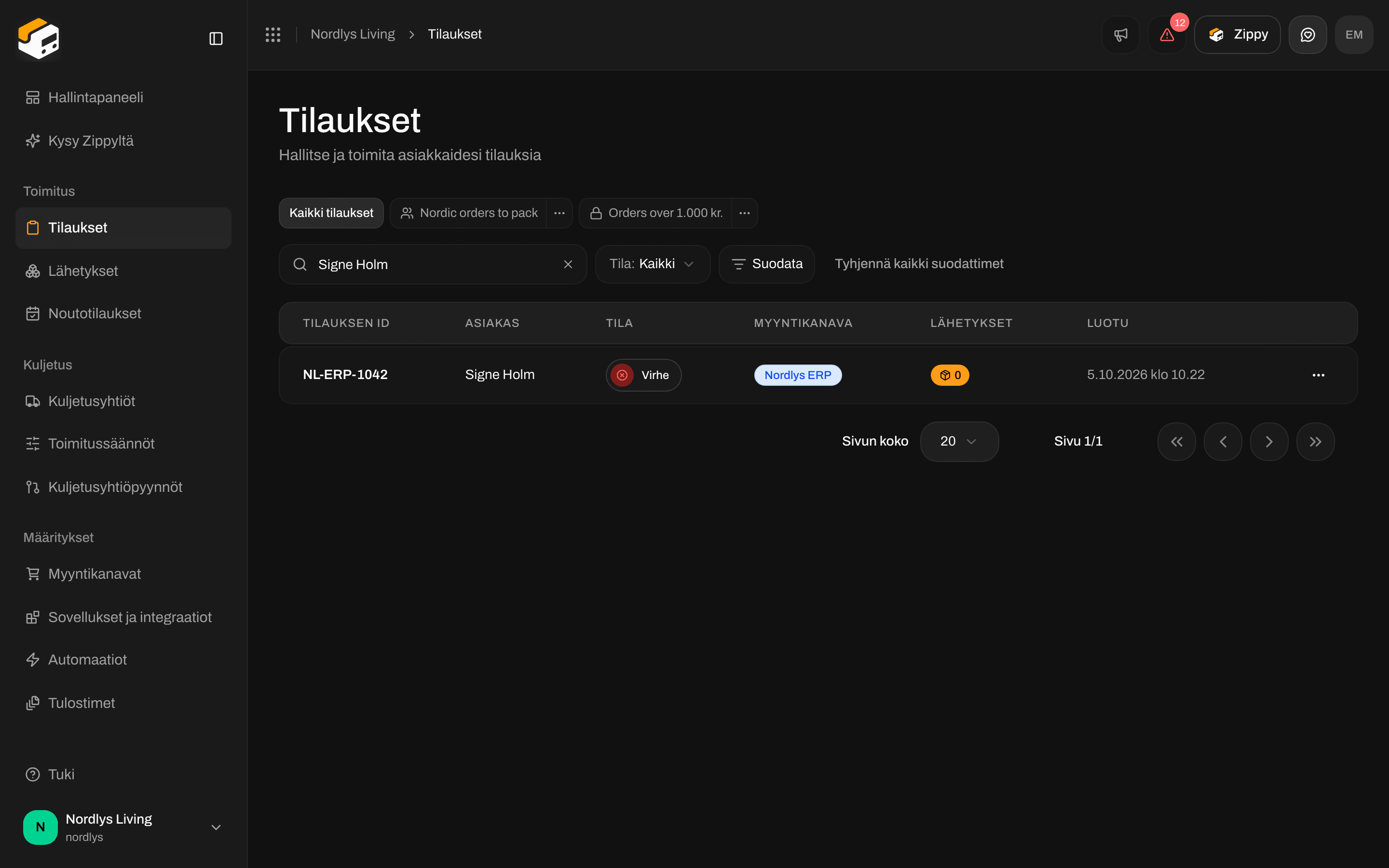 Tilausluettelo, jossa mukautetun kanavan kautta saapunut tilaus