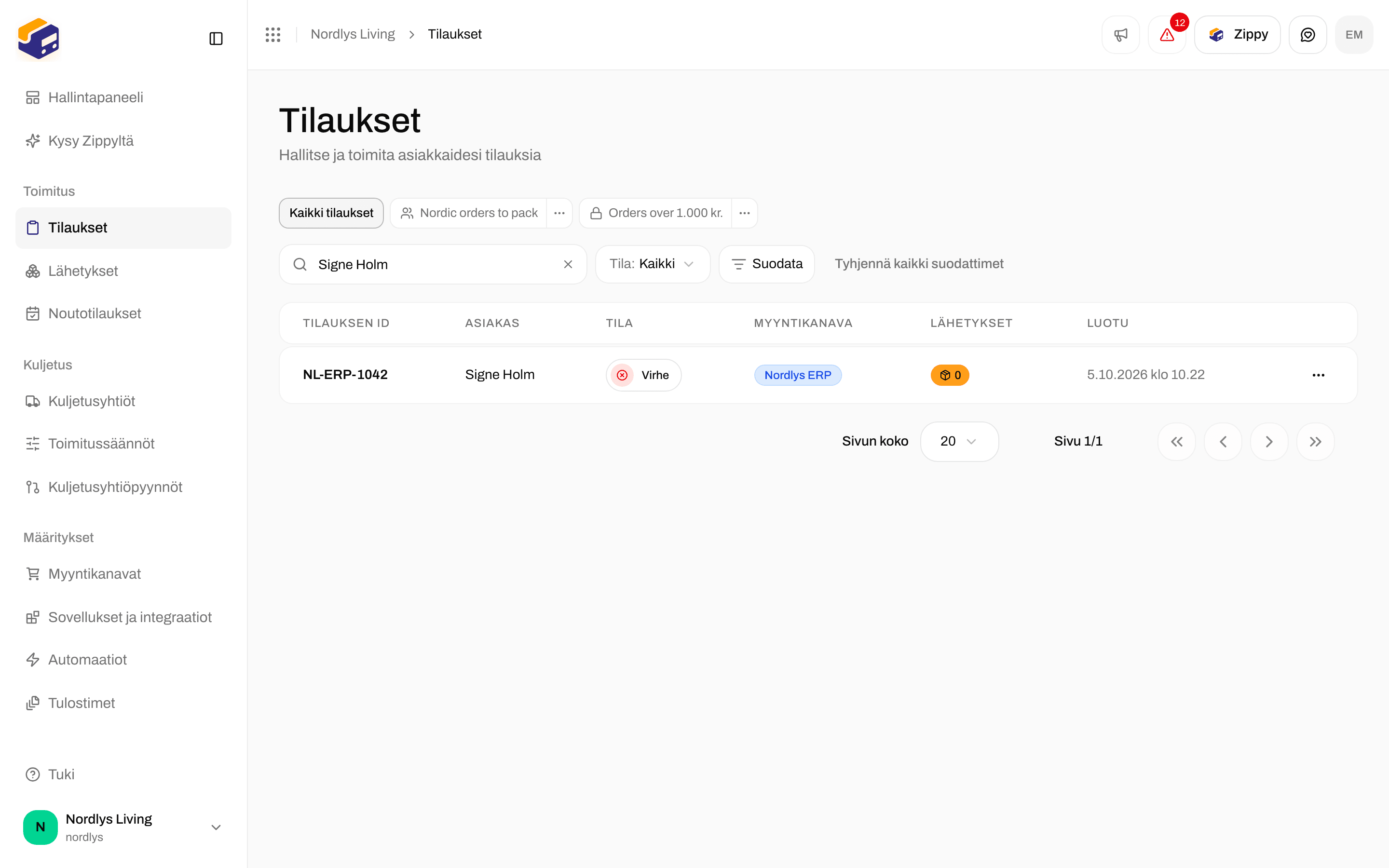 Tilausluettelo, jossa mukautetun kanavan kautta saapunut tilaus