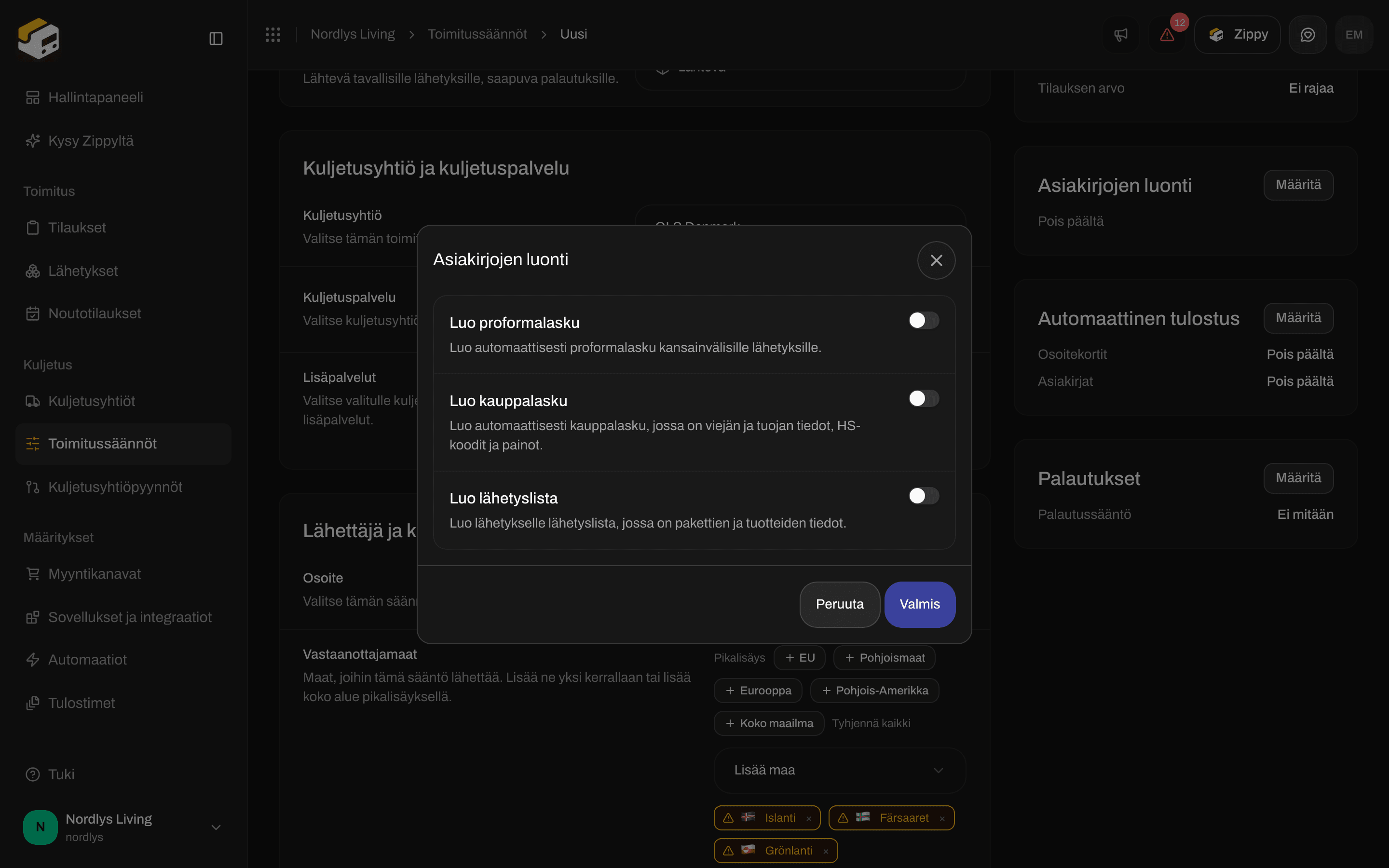 Toimitussäännön lomake, jossa Asiakirjojen luonti -kytkimet laskuille ja lähetyslistalle