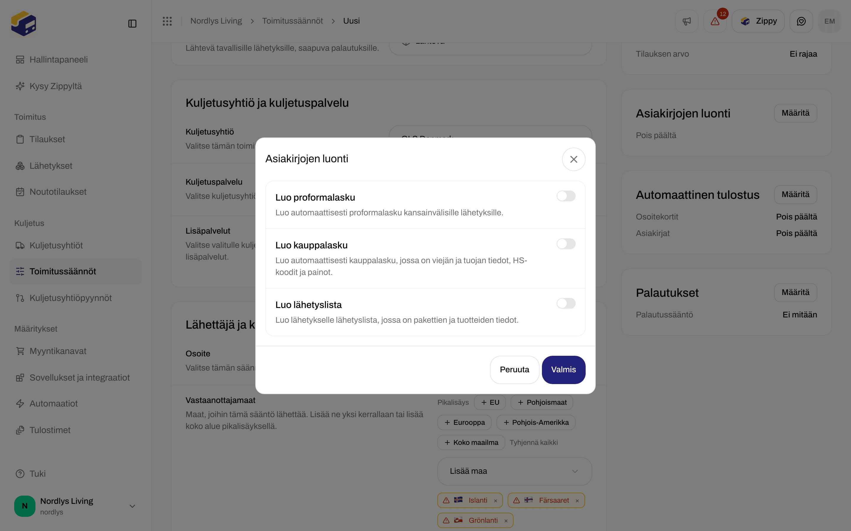 Toimitussäännön lomake, jossa Asiakirjojen luonti -kytkimet laskuille ja lähetyslistalle