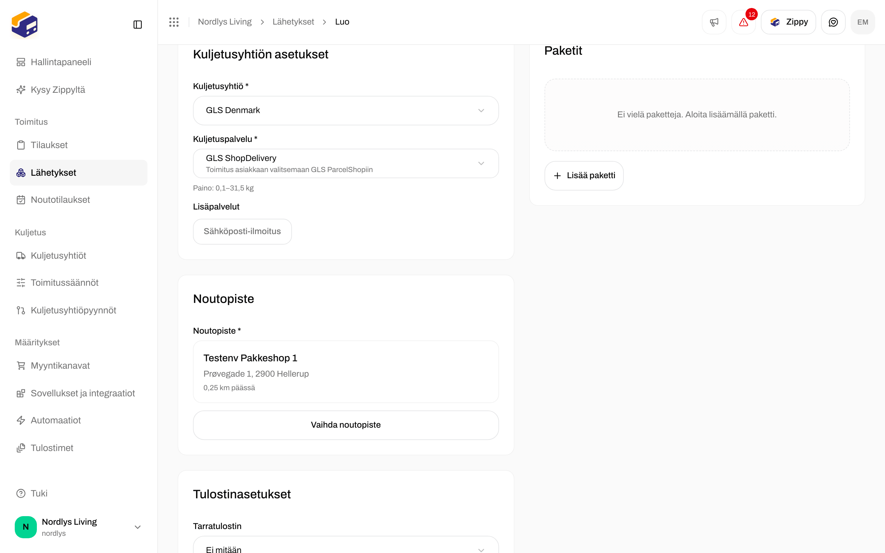 Noutopiste-kortti, jossa näkyvät valitun noutopisteen nimi, osoite ja etäisyys sekä Vaihda noutopiste