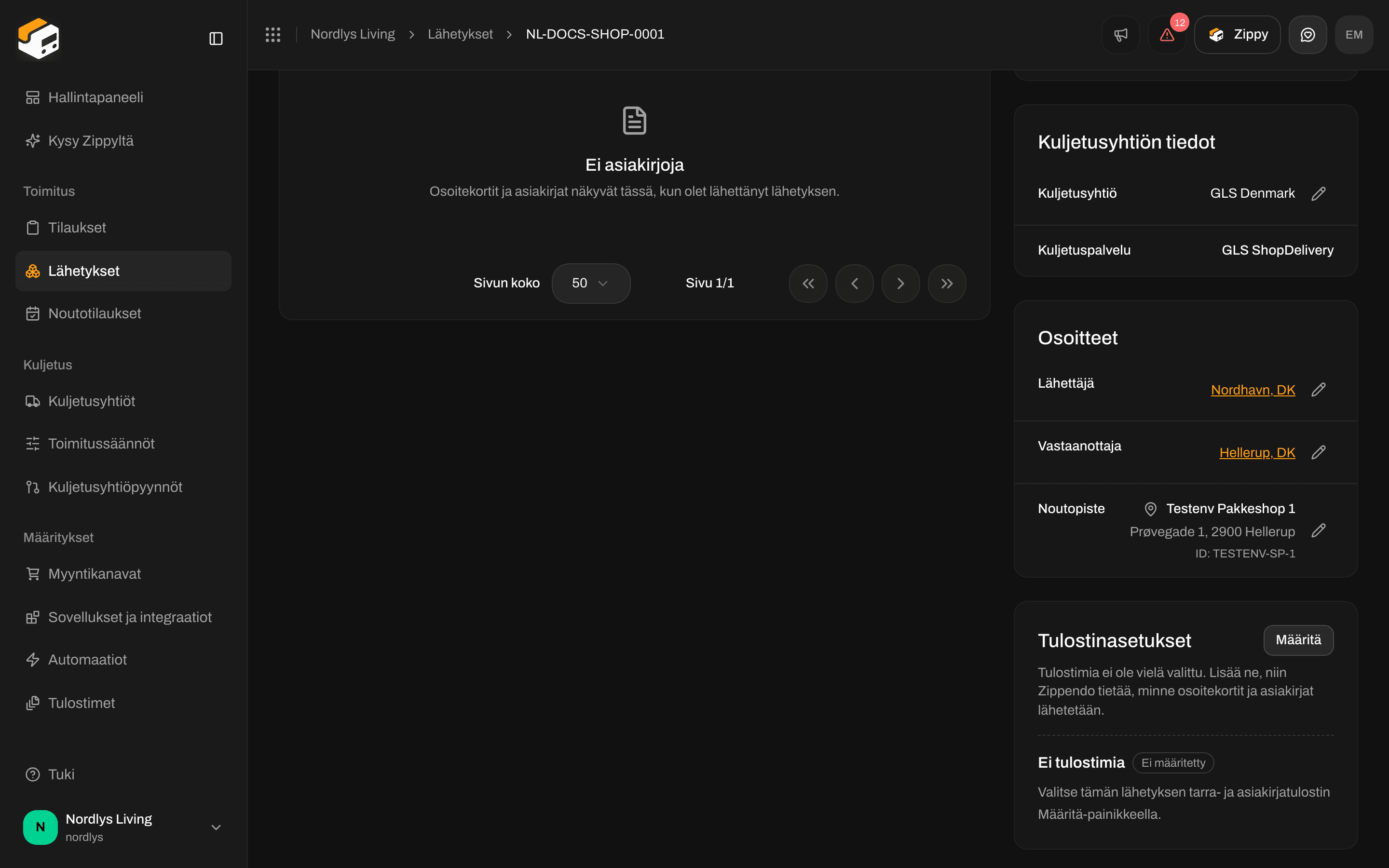 Osoitteet-osio, jossa näkyvät Lähettäjä, Vastaanottaja sekä Noutopisteen nimi, osoite ja ID