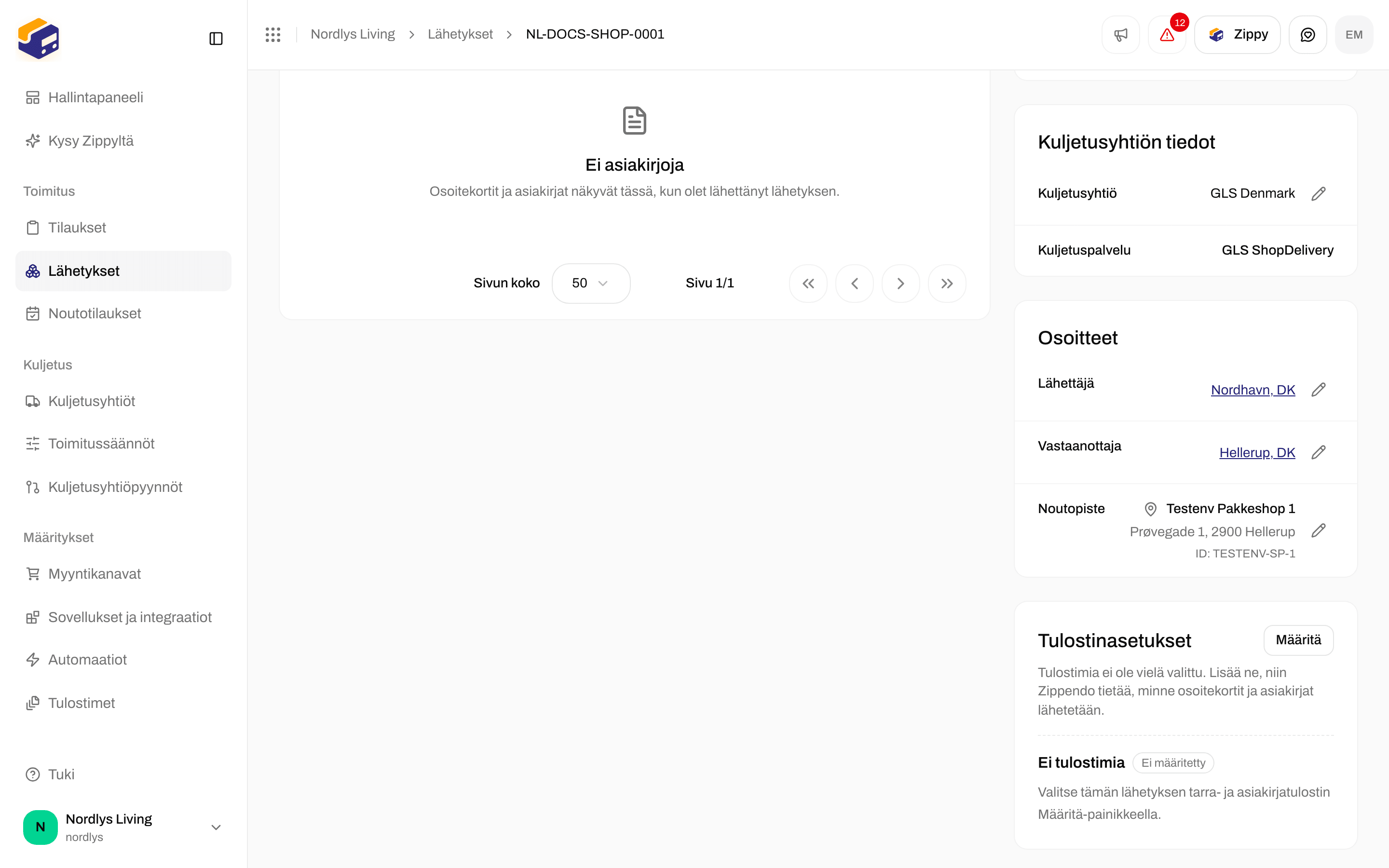 Osoitteet-osio, jossa näkyvät Lähettäjä, Vastaanottaja sekä Noutopisteen nimi, osoite ja ID