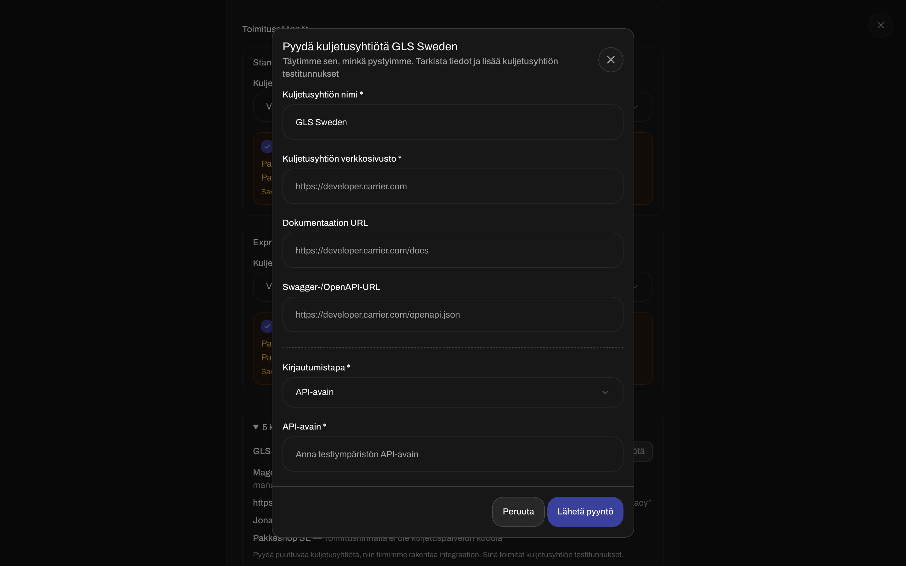 Kuljetusyhtiön pyyntöikkuna, jossa Kuljetusyhtiön nimi, Kuljetusyhtiön verkkosivusto, Documentation URL, Kirjautumistapa ja Lähetä pyyntö