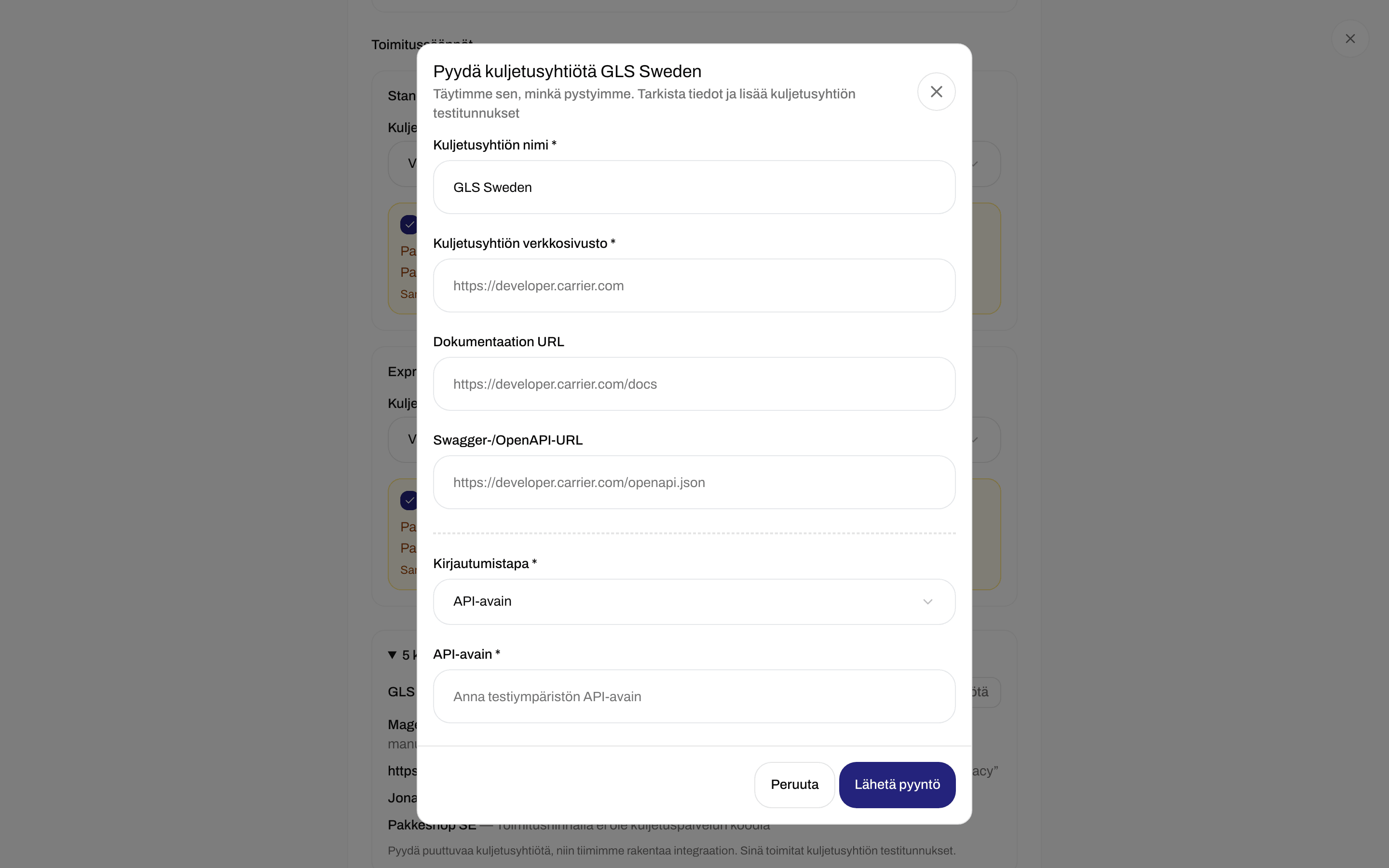 Kuljetusyhtiön pyyntöikkuna, jossa Kuljetusyhtiön nimi, Kuljetusyhtiön verkkosivusto, Documentation URL, Kirjautumistapa ja Lähetä pyyntö