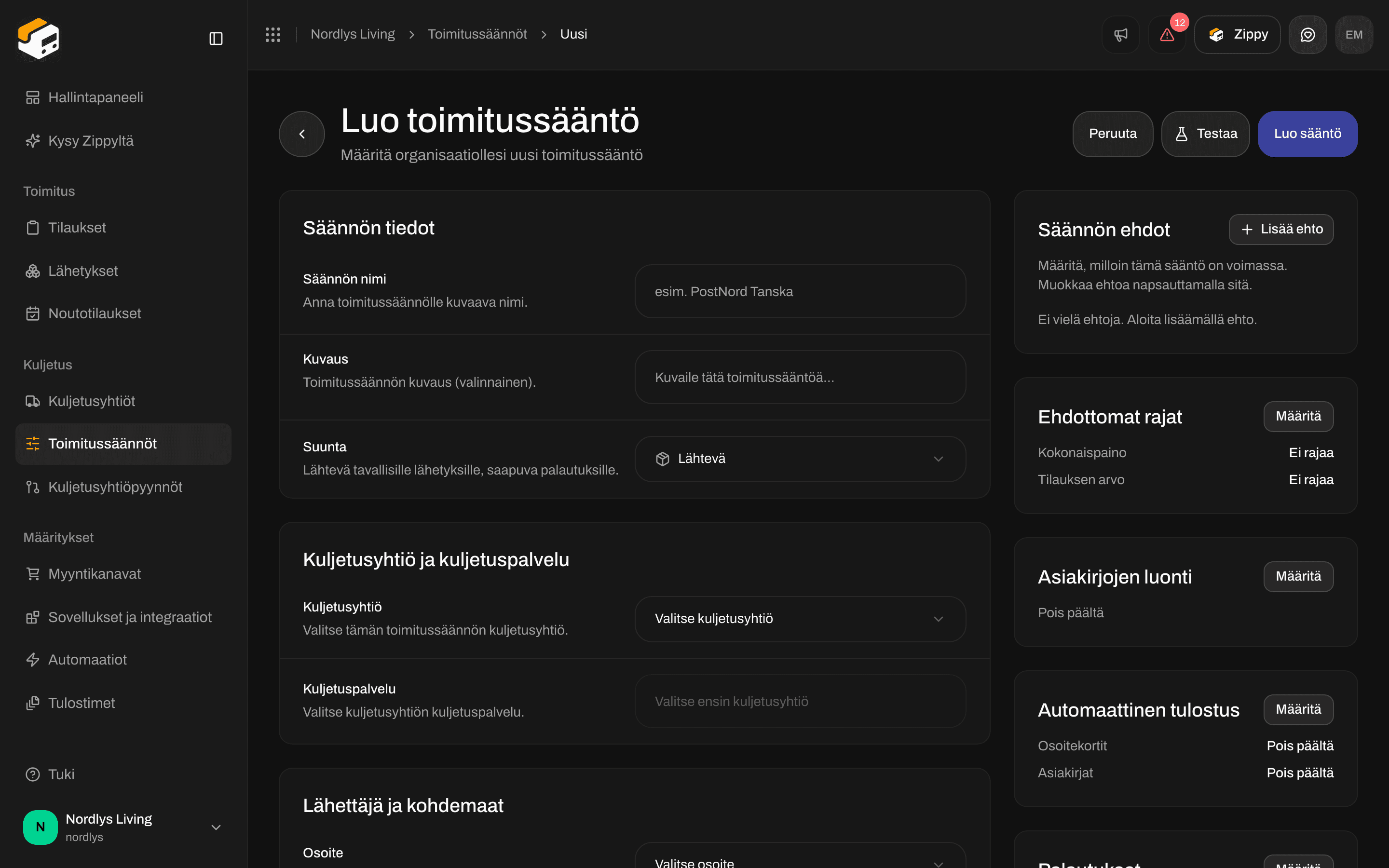 Toimitussäännön luonti, jossa Suunta-kenttä: lähtevä tavallisille lähetyksille, saapuva palautuksille