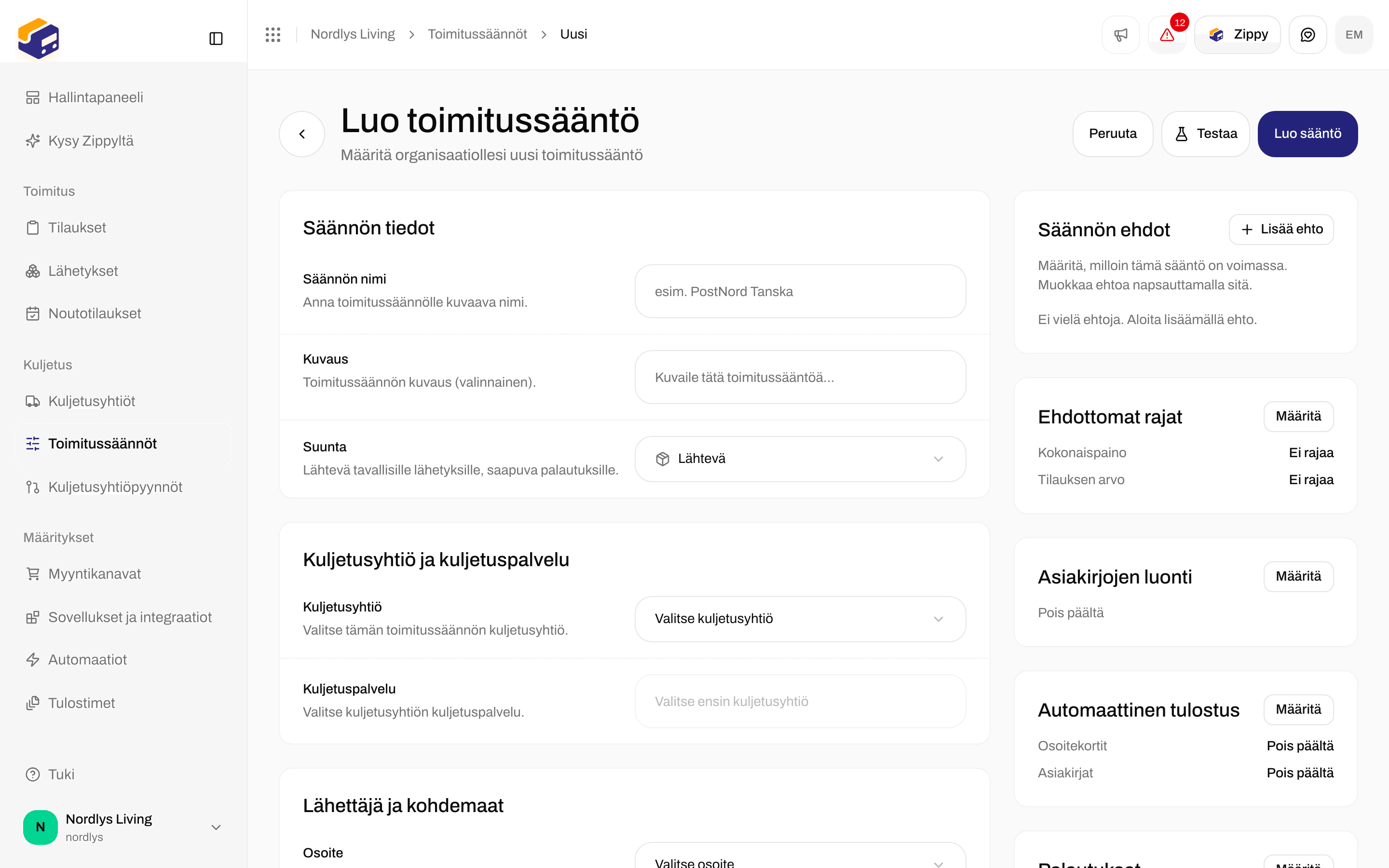 Toimitussäännön luonti, jossa Suunta-kenttä: lähtevä tavallisille lähetyksille, saapuva palautuksille