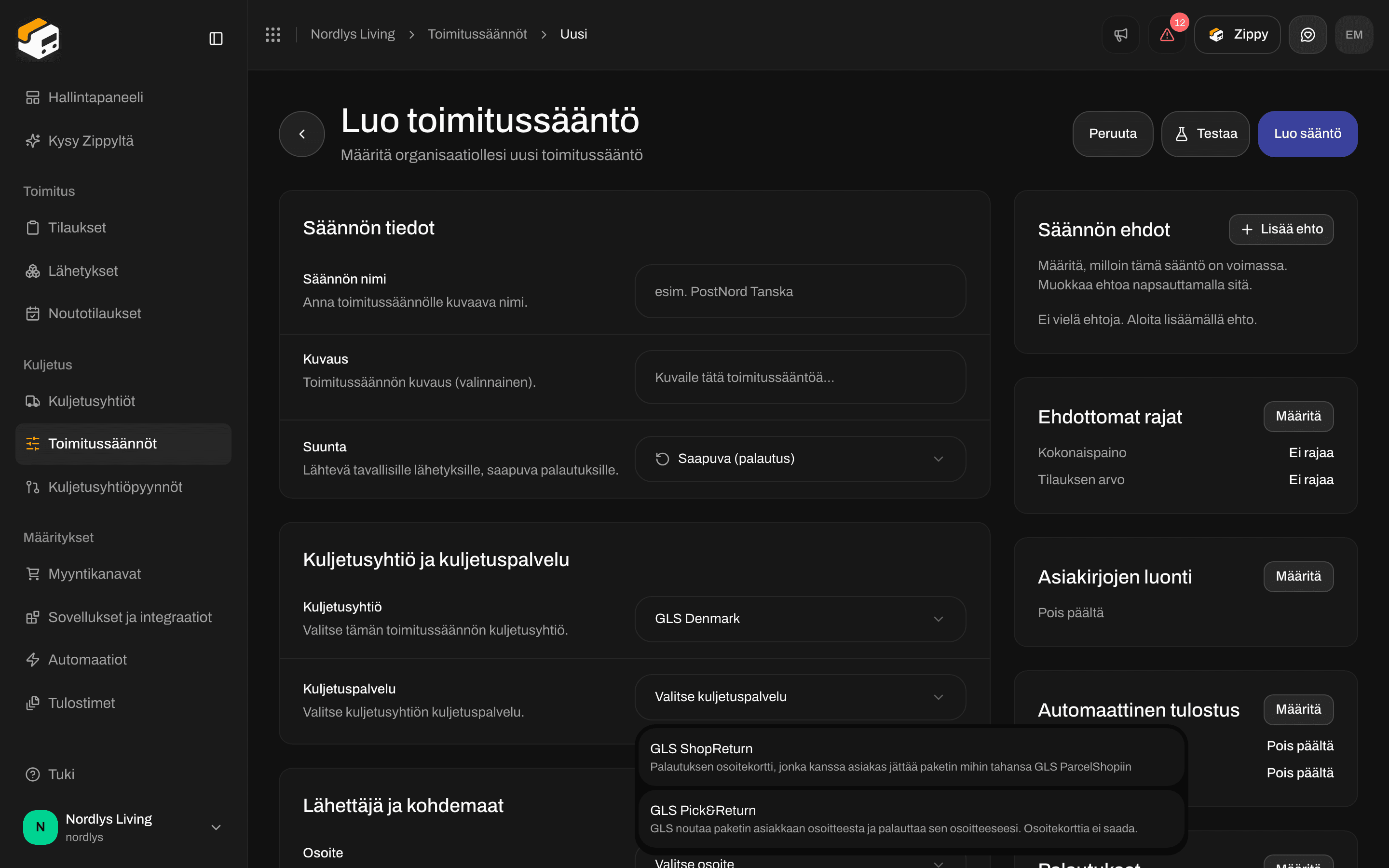 Kuljetuspalvelujen luettelo, jossa GLS ShopReturn ja GLS Pick&Return palautussäännölle