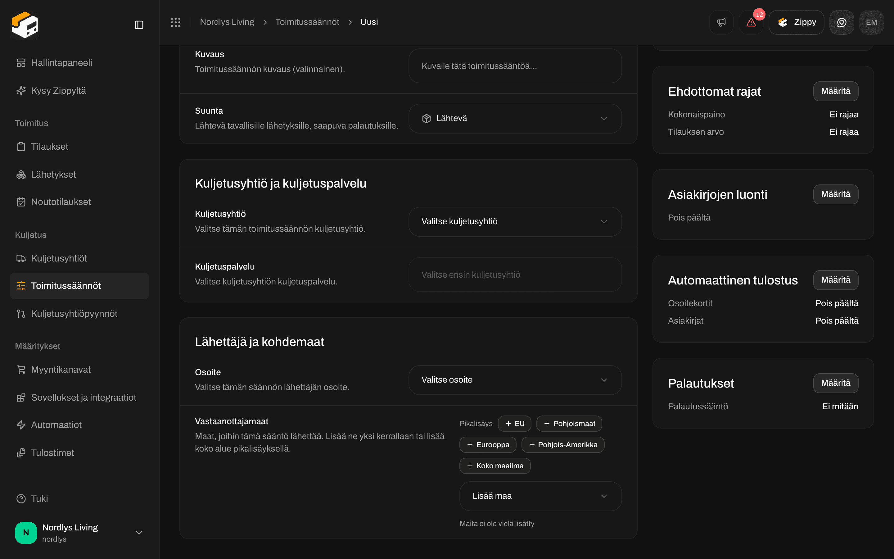 Palautukset-osio, jossa Palautusten toimitussääntö on Ei mitään