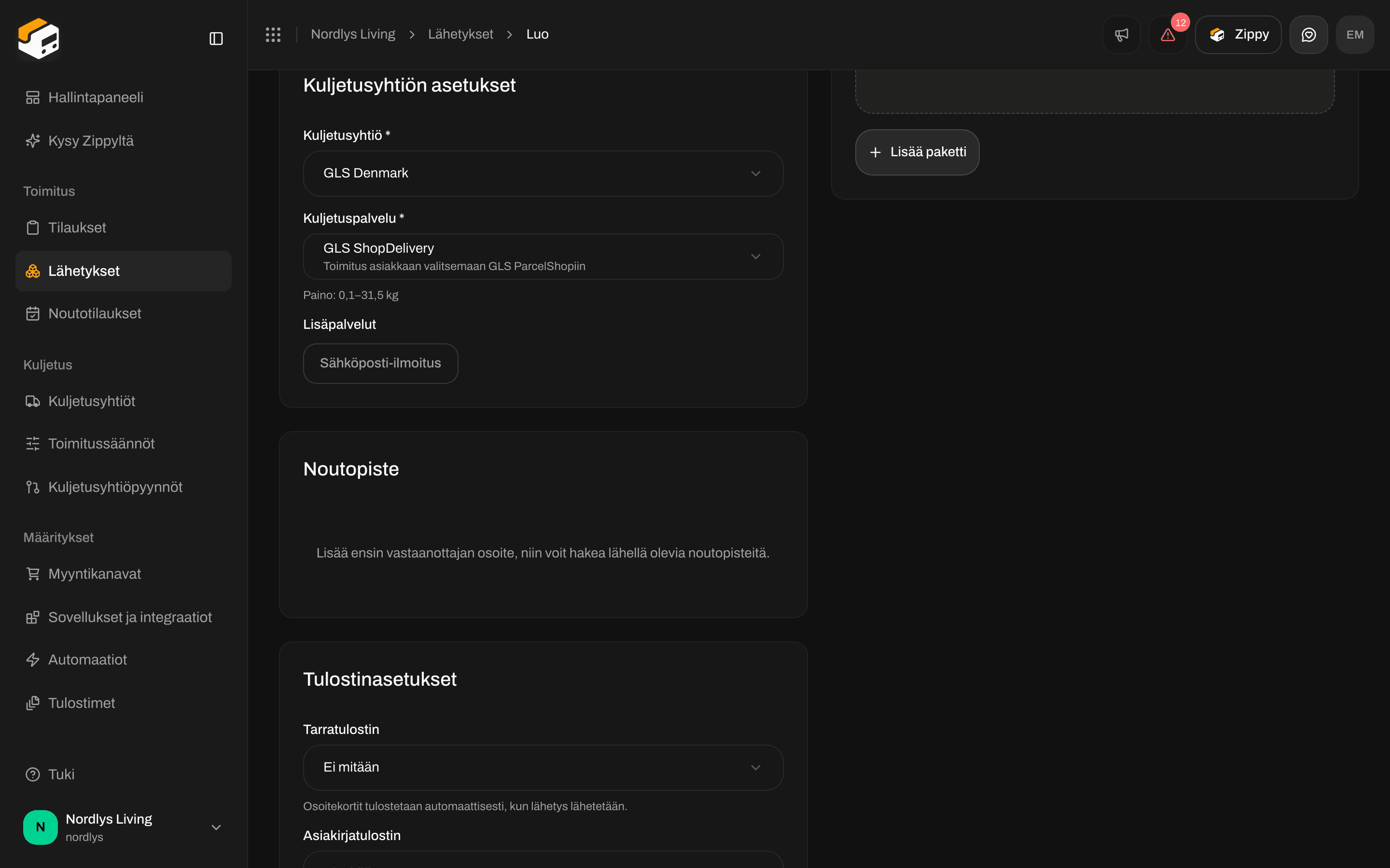 Luo lähetys, jossa GLS ShopDelivery on valittuna ja Noutopiste-kortti pyytää ensin vastaanottajan osoitetta