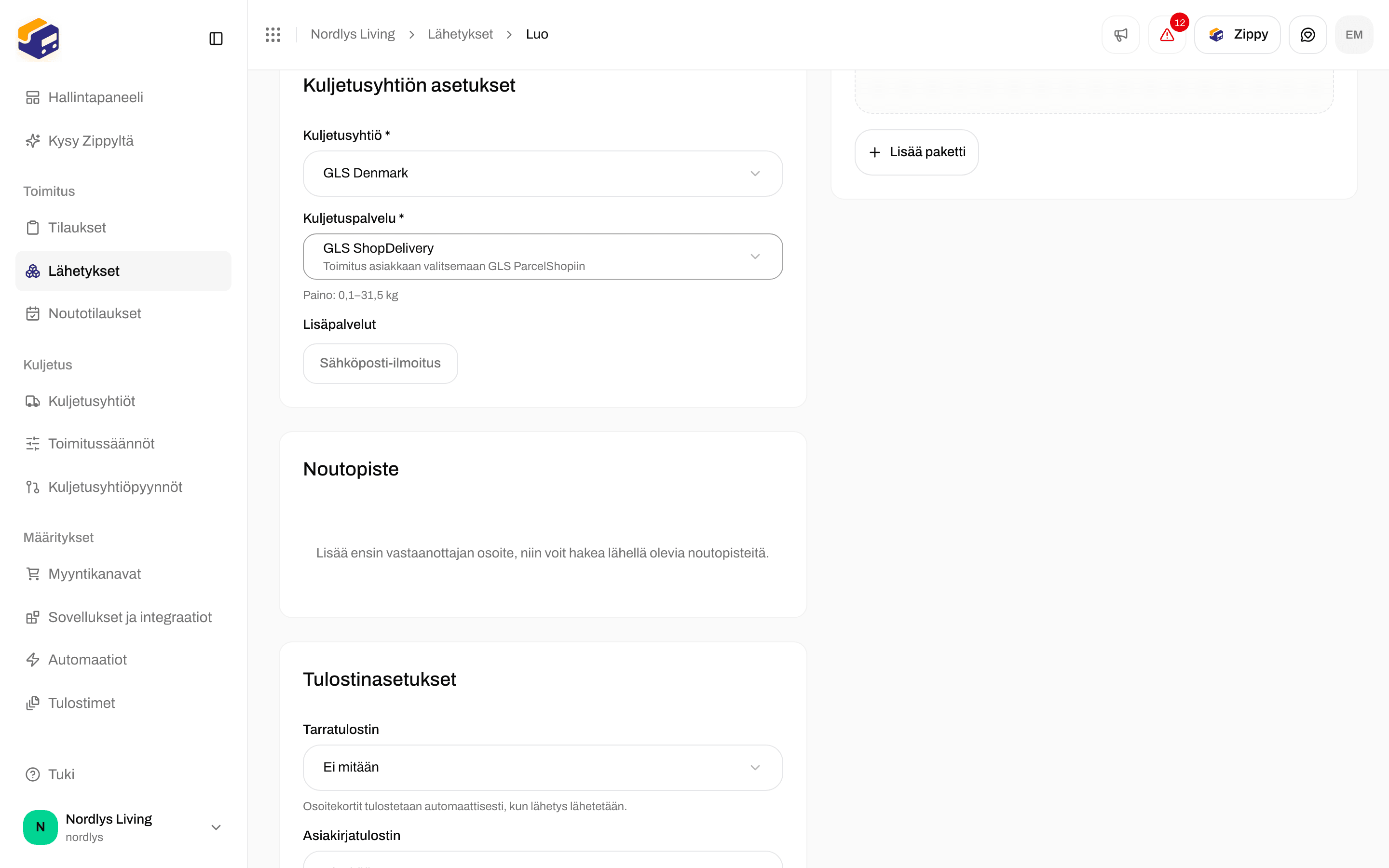 Luo lähetys, jossa GLS ShopDelivery on valittuna ja Noutopiste-kortti pyytää ensin vastaanottajan osoitetta