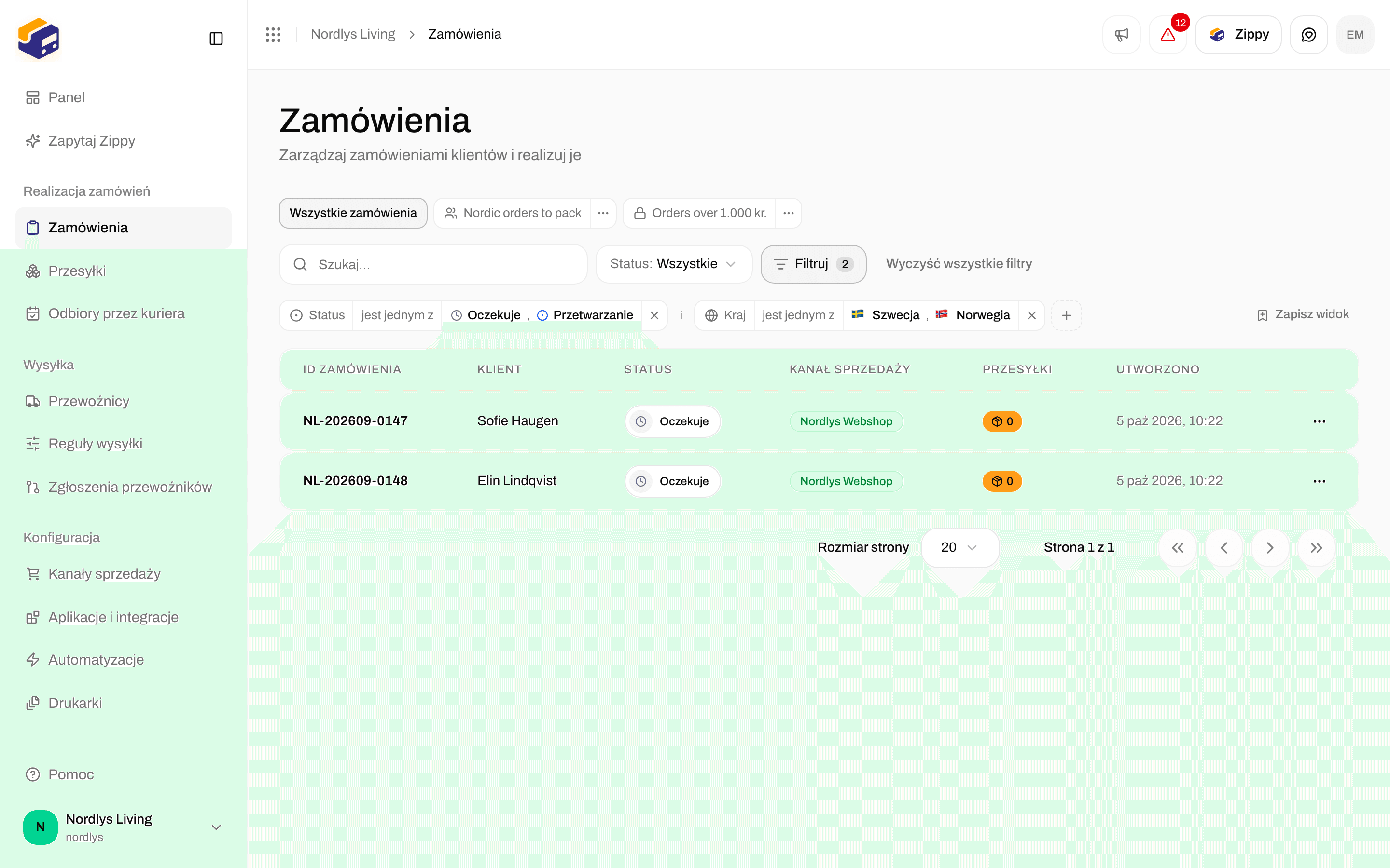 Lista zamówień zawężona etykietą Status i etykietą Country połączonymi przez and