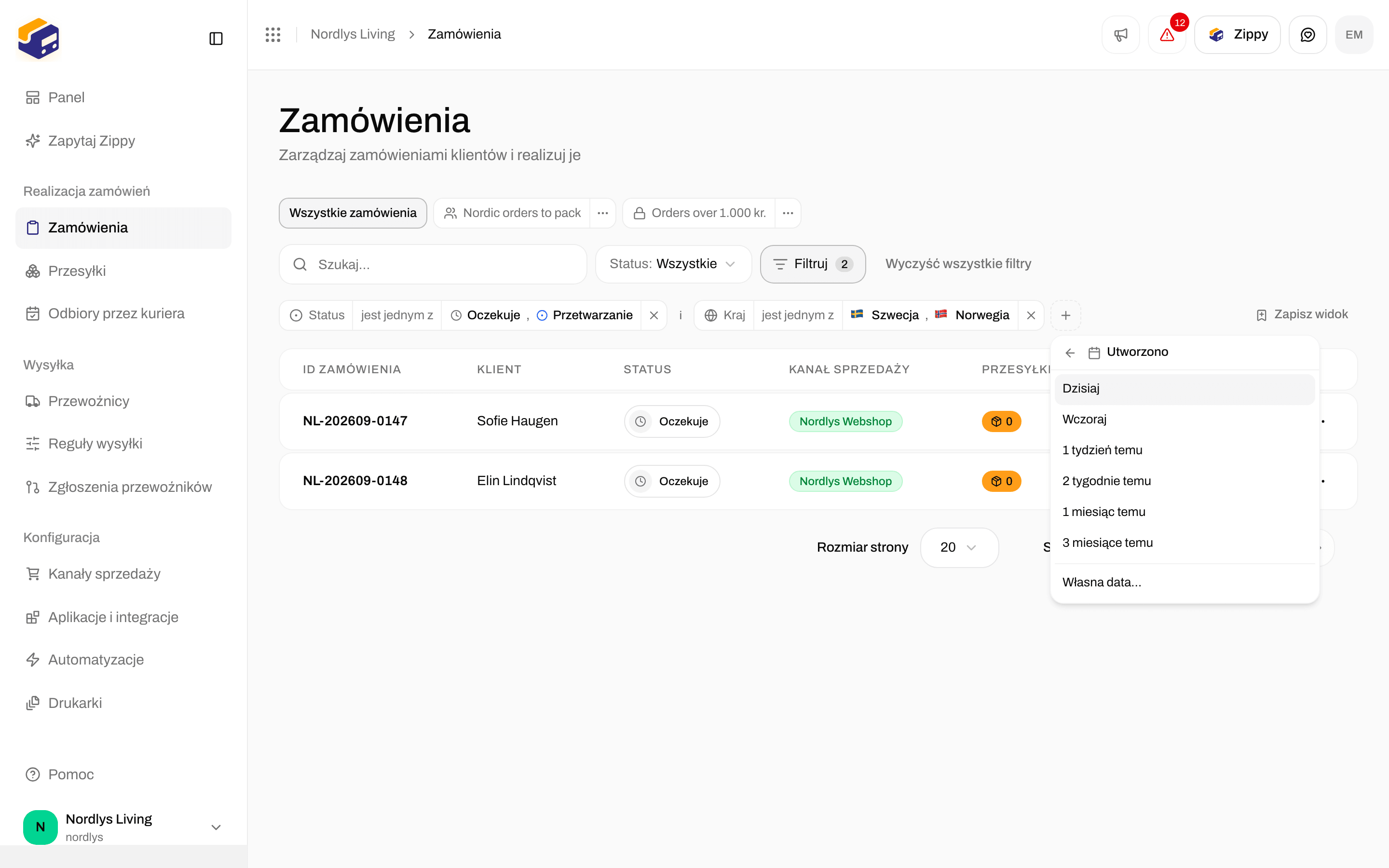 Filtr Created z opcjami Today, Yesterday, 1 week ago, 1 month ago i Custom date