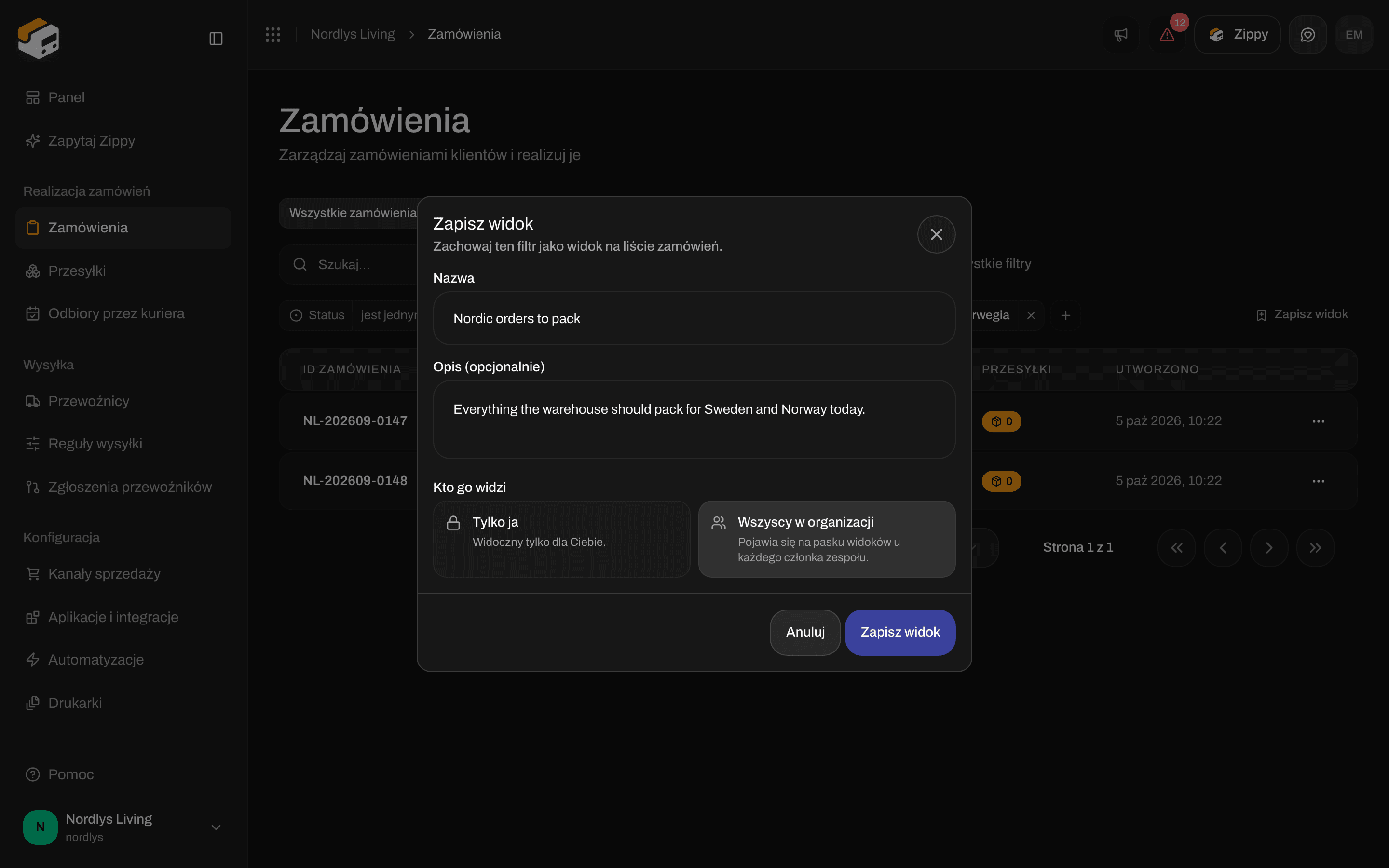 Okno Save view z nazwą, opisem i wyborem między Only me a Everyone in the organization