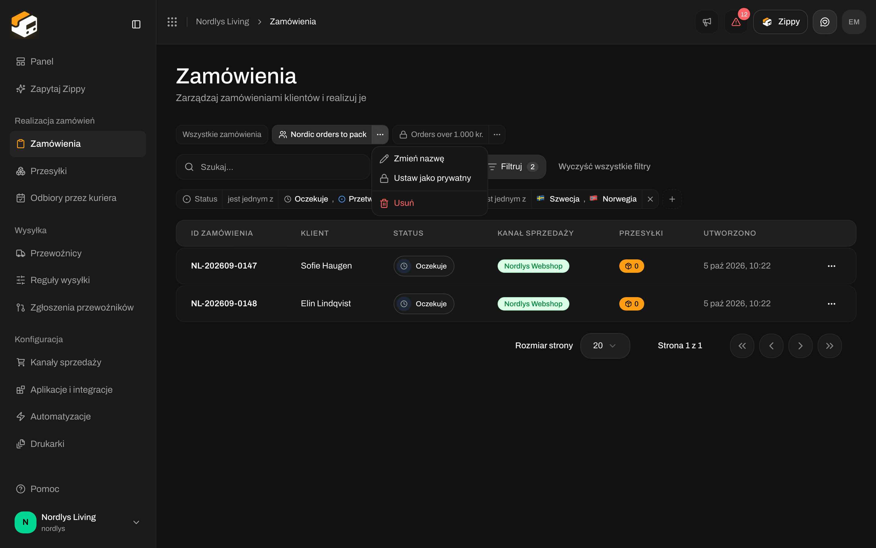 Menu karty widoku z Rename, Share with the organization i Delete