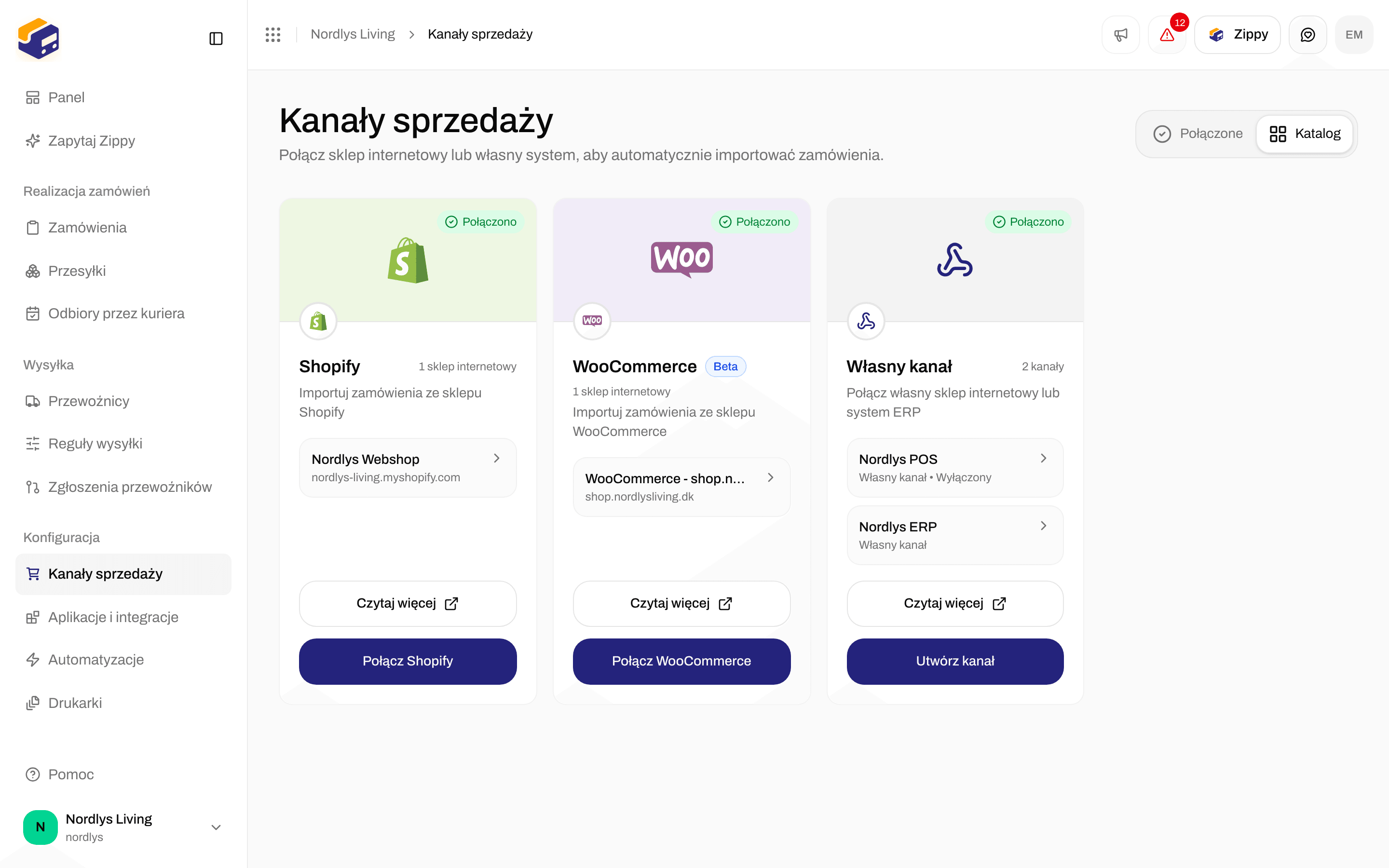 Katalog kanałów sprzedaży z Shopify, WooCommerce i Własnym kanałem