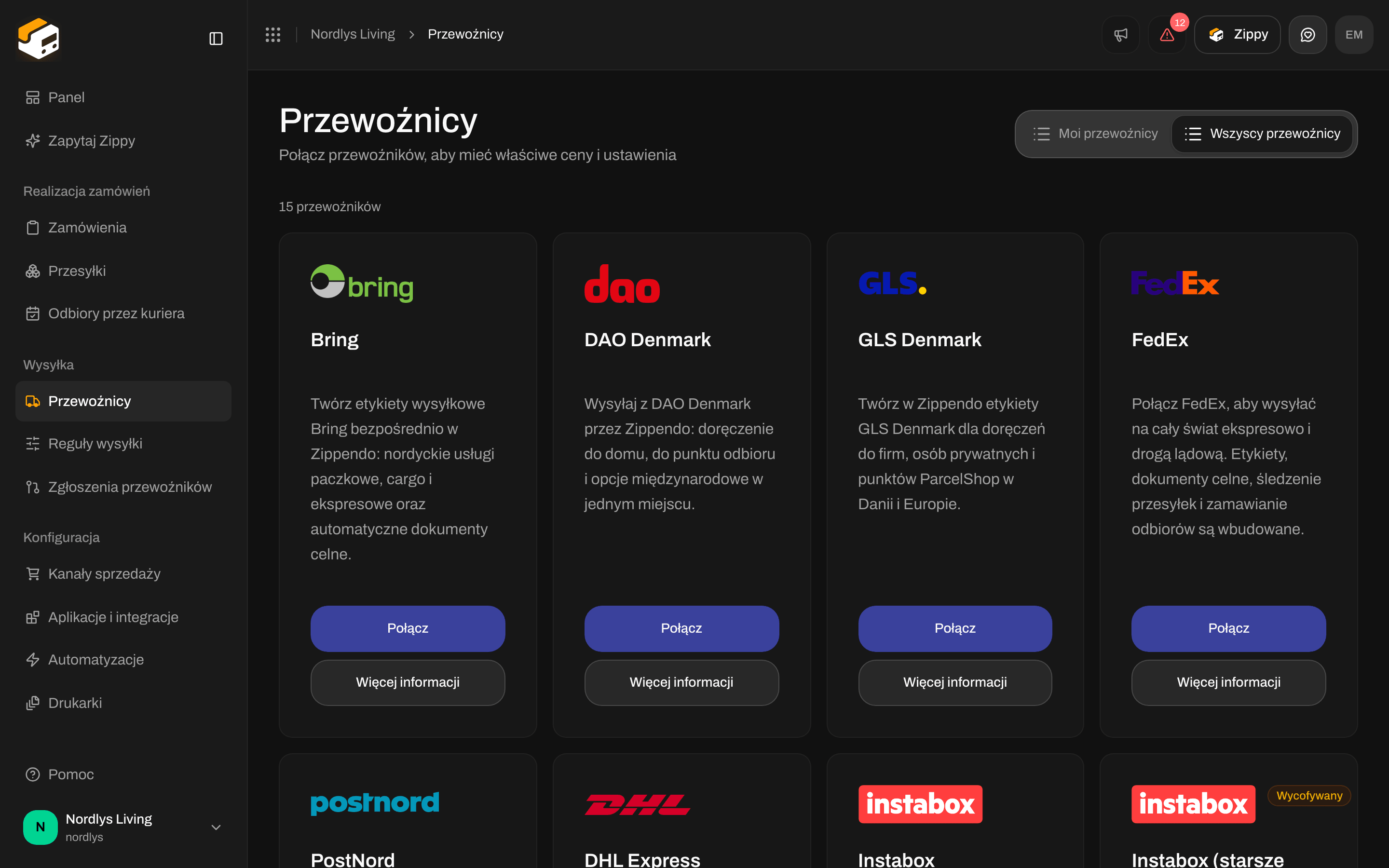 Wszyscy przewoźnicy z Bring, DAO Denmark, GLS Denmark, FedEx, PostNord, DHL Express i Instabox