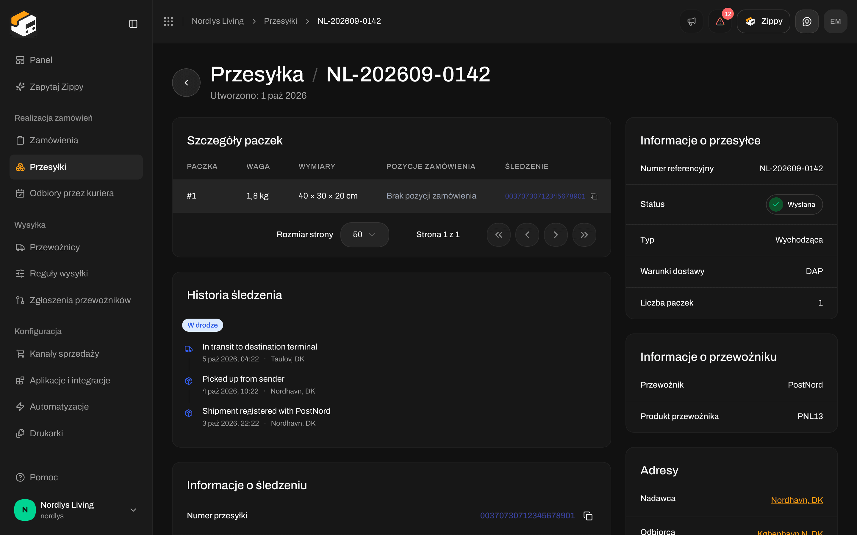 Przegląd wysłanej przesyłki PostNord z jej adresem nadawcy