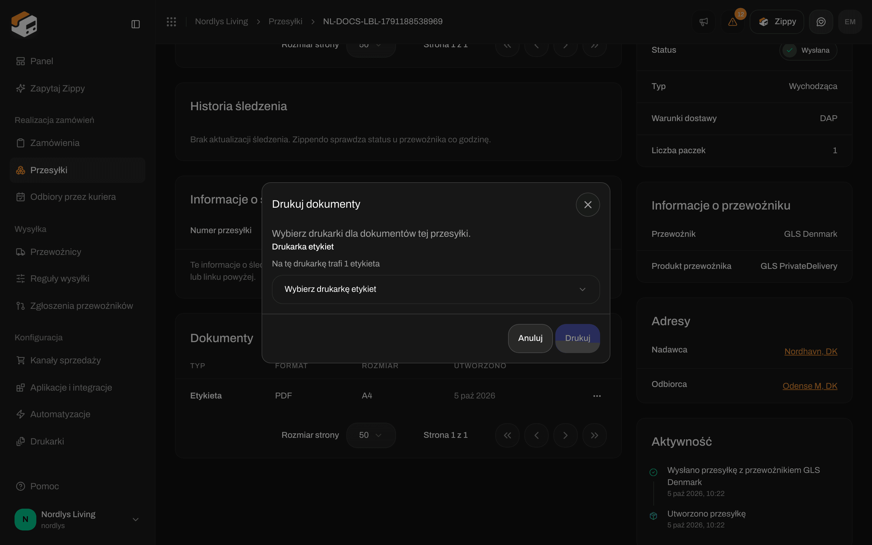 Okno Drukuj dokumenty z prośbą o wybór drukarki etykiet