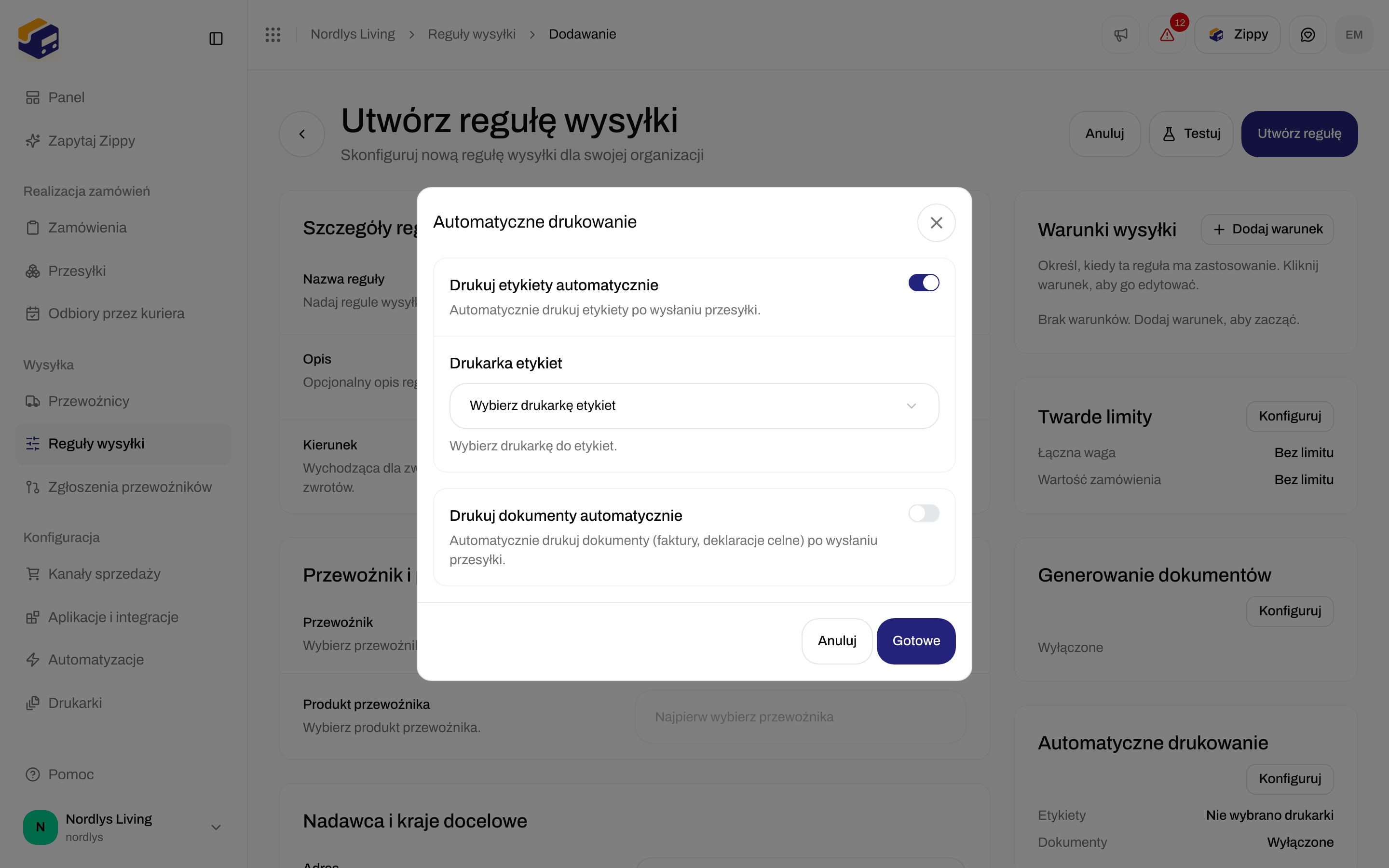 Formularz reguły wysyłki, sekcja Automatyczne drukowanie z włączoną opcją Drukuj etykiety automatycznie