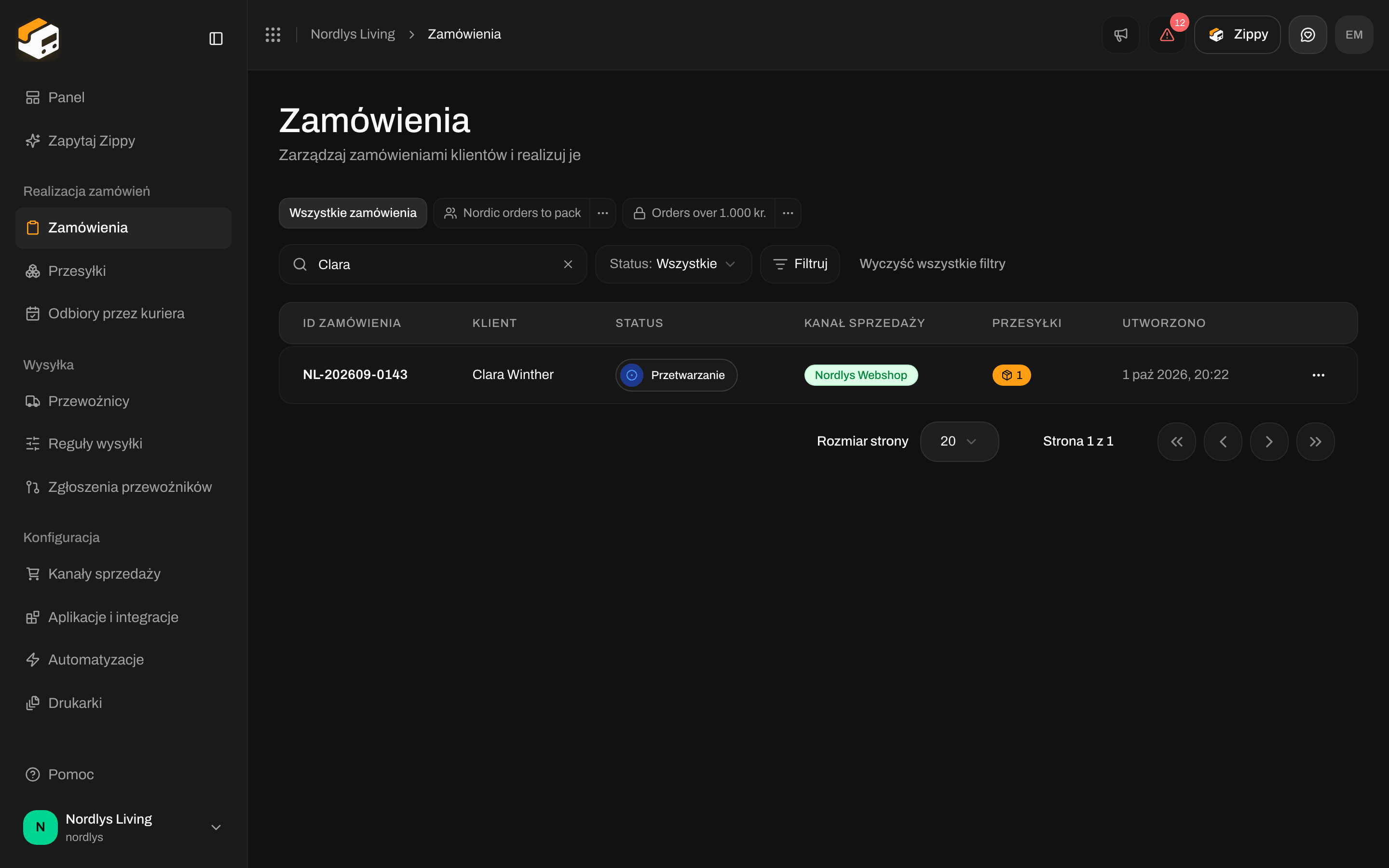 Lista zamówień zawężona wyszukiwaniem do jednego zamówienia w statusie Przetwarzanie z jedną przesyłką