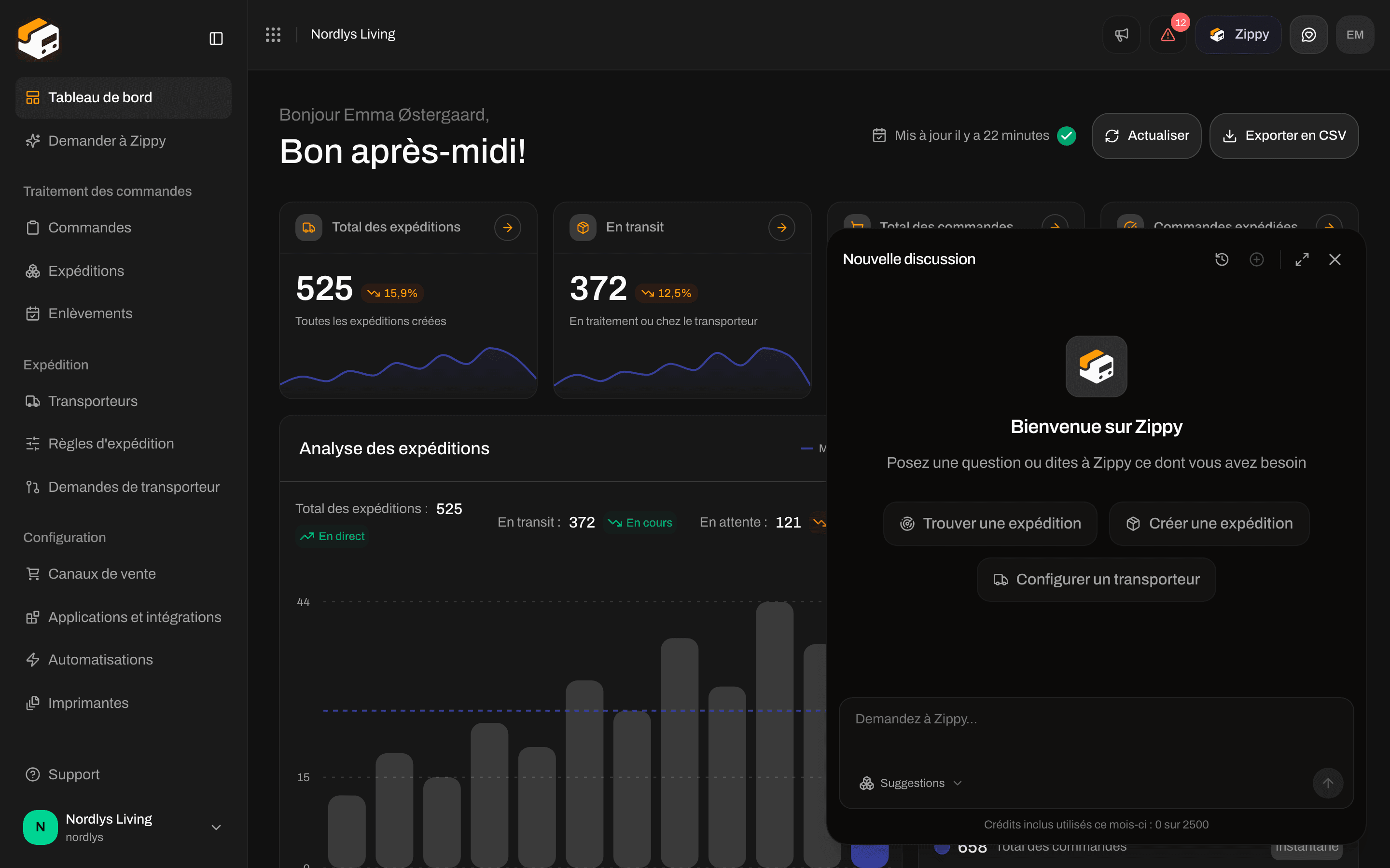 Panneau Zippy avec Bienvenue sur Zippy, trois suggestions et la zone Demandez à Zippy