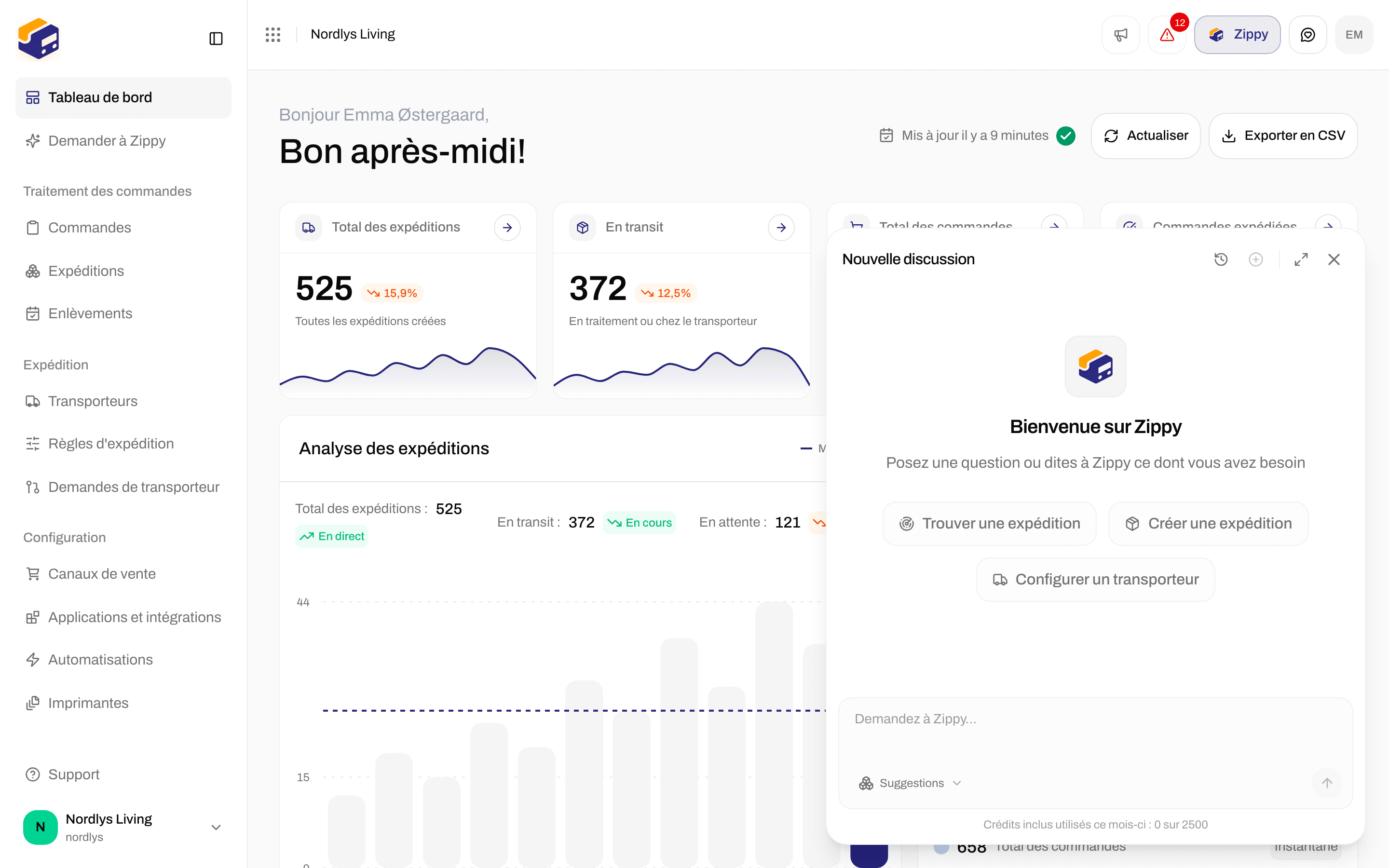 Panneau Zippy avec Bienvenue sur Zippy, trois suggestions et la zone Demandez à Zippy