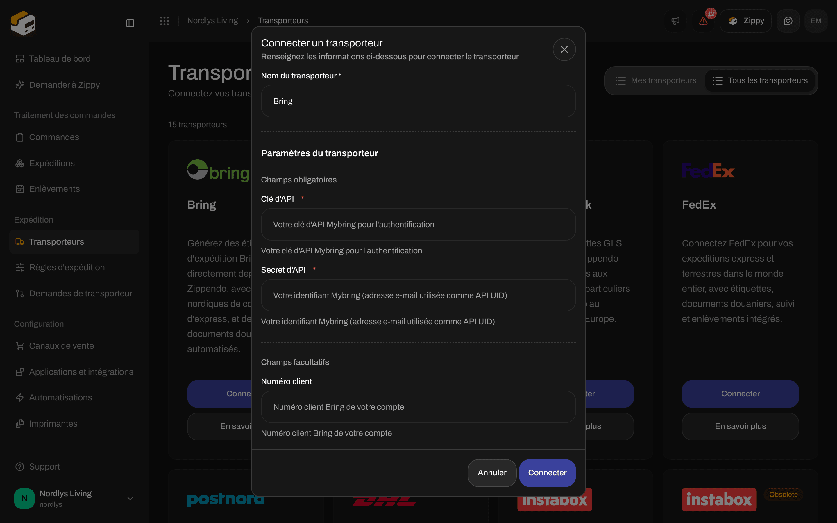Fenêtre Connecter un transporteur avec Nom du transporteur Bring et les champs Paramètres du transporteur pour la clé d'API et le secret d'API
