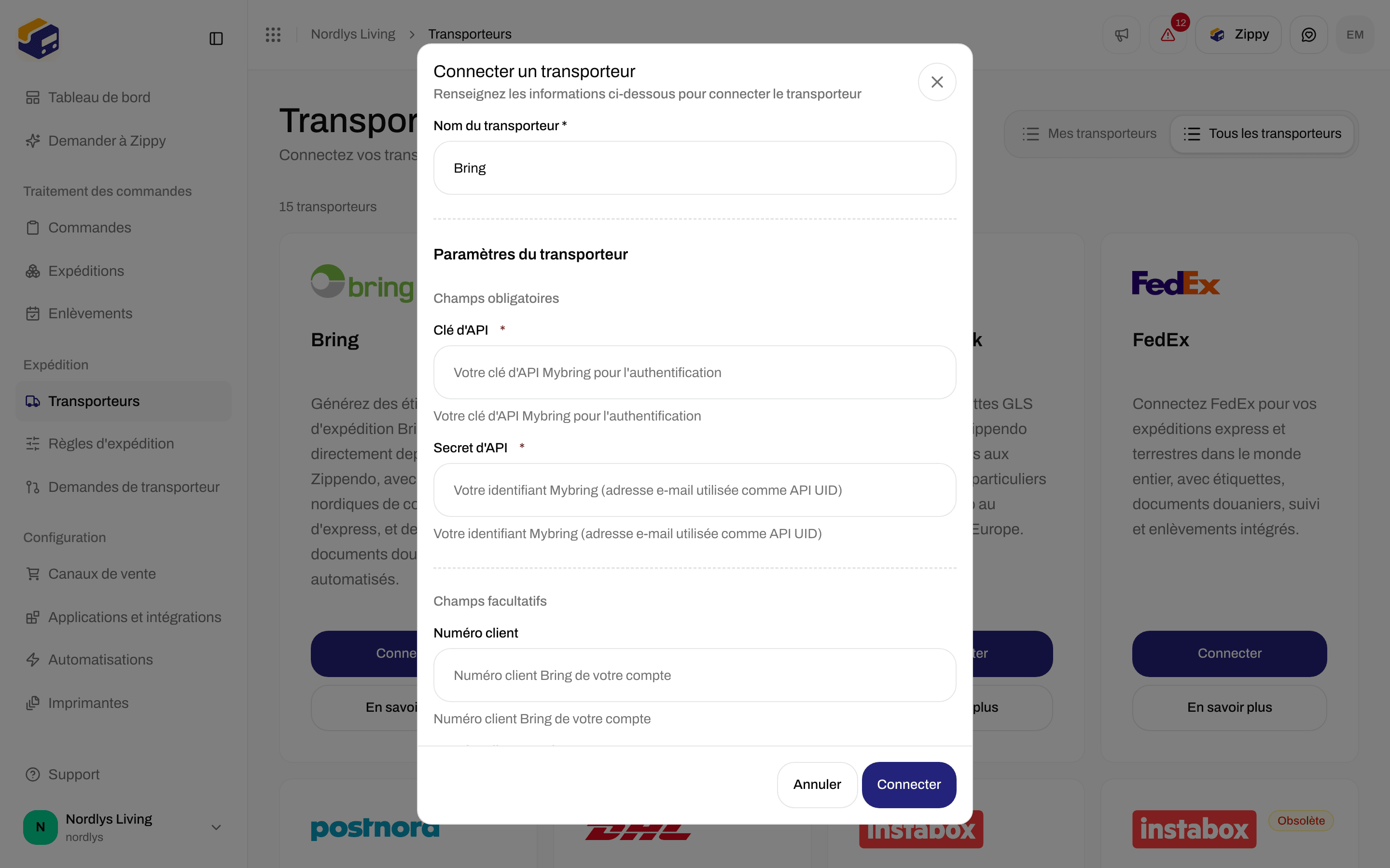 Fenêtre Connecter un transporteur avec Nom du transporteur Bring et les champs Paramètres du transporteur pour la clé d'API et le secret d'API