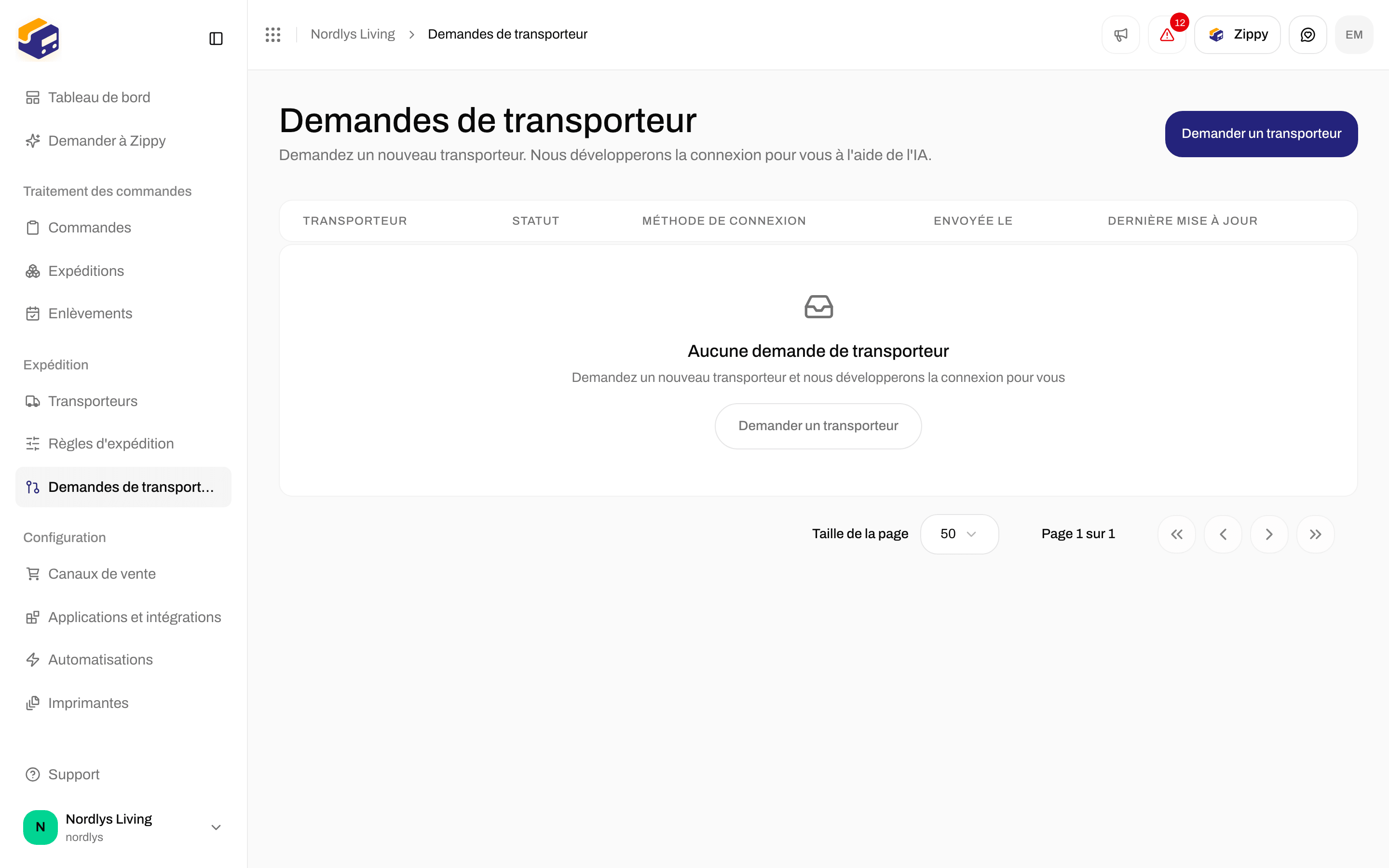Page Demandes de transporteur sans demande pour le moment et le bouton Demander un transporteur