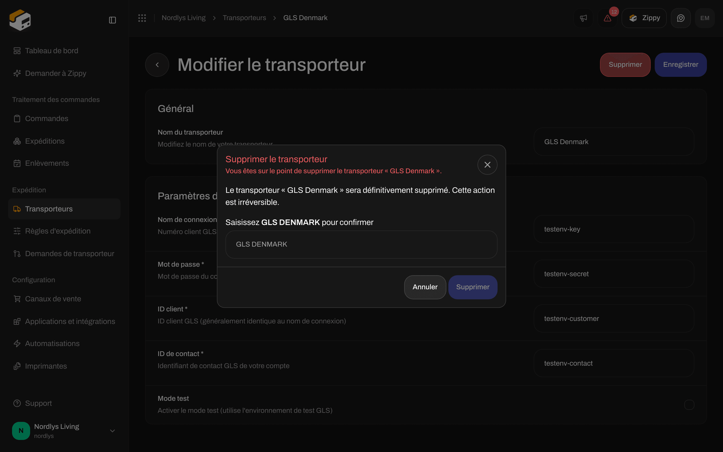Fenêtre Supprimer le transporteur pour GLS Denmark avec le nom saisi en majuscules