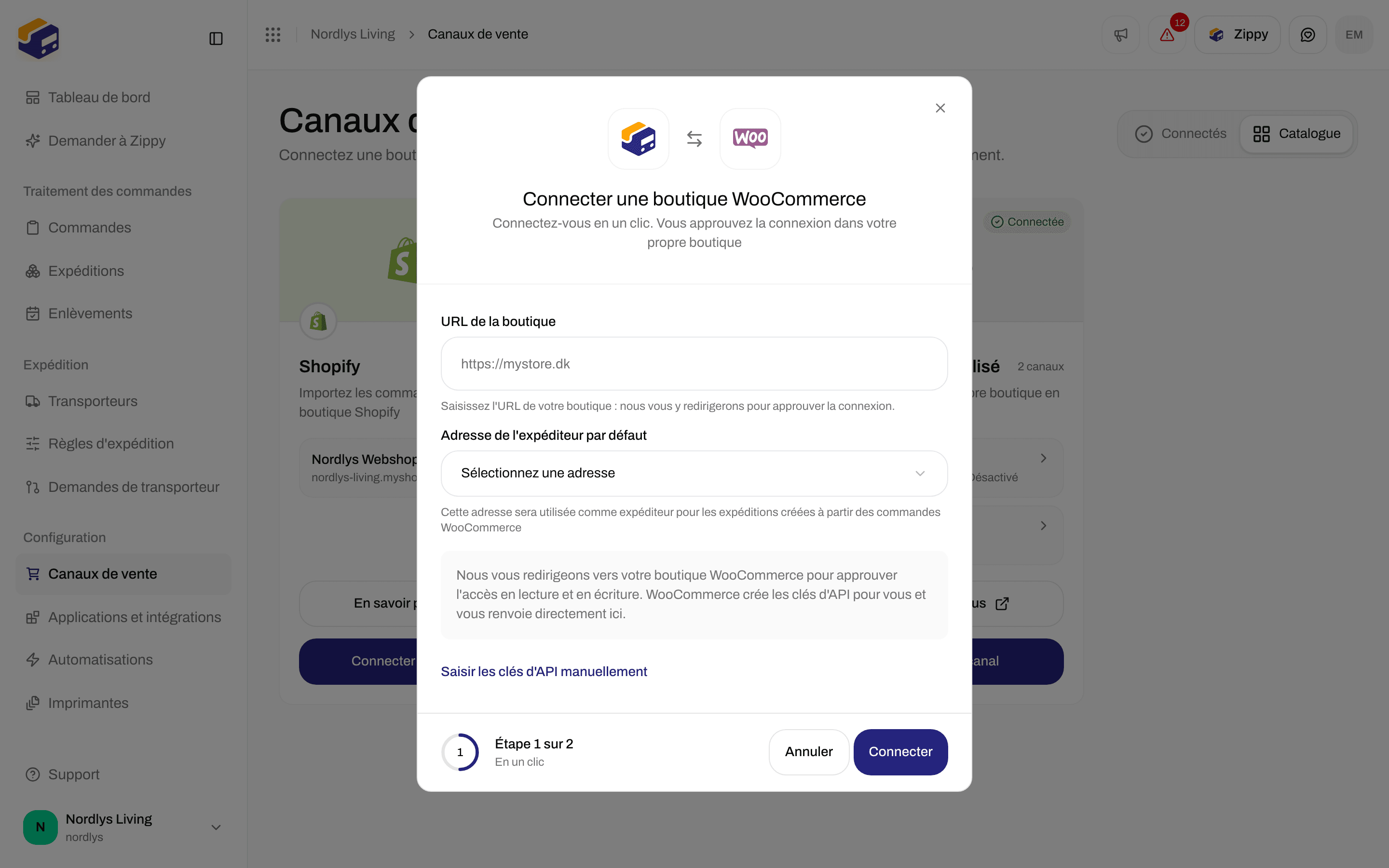 Fenêtre Connecter la boutique WooCommerce avec URL de la boutique, Adresse de l'expéditeur par défaut et Connecter