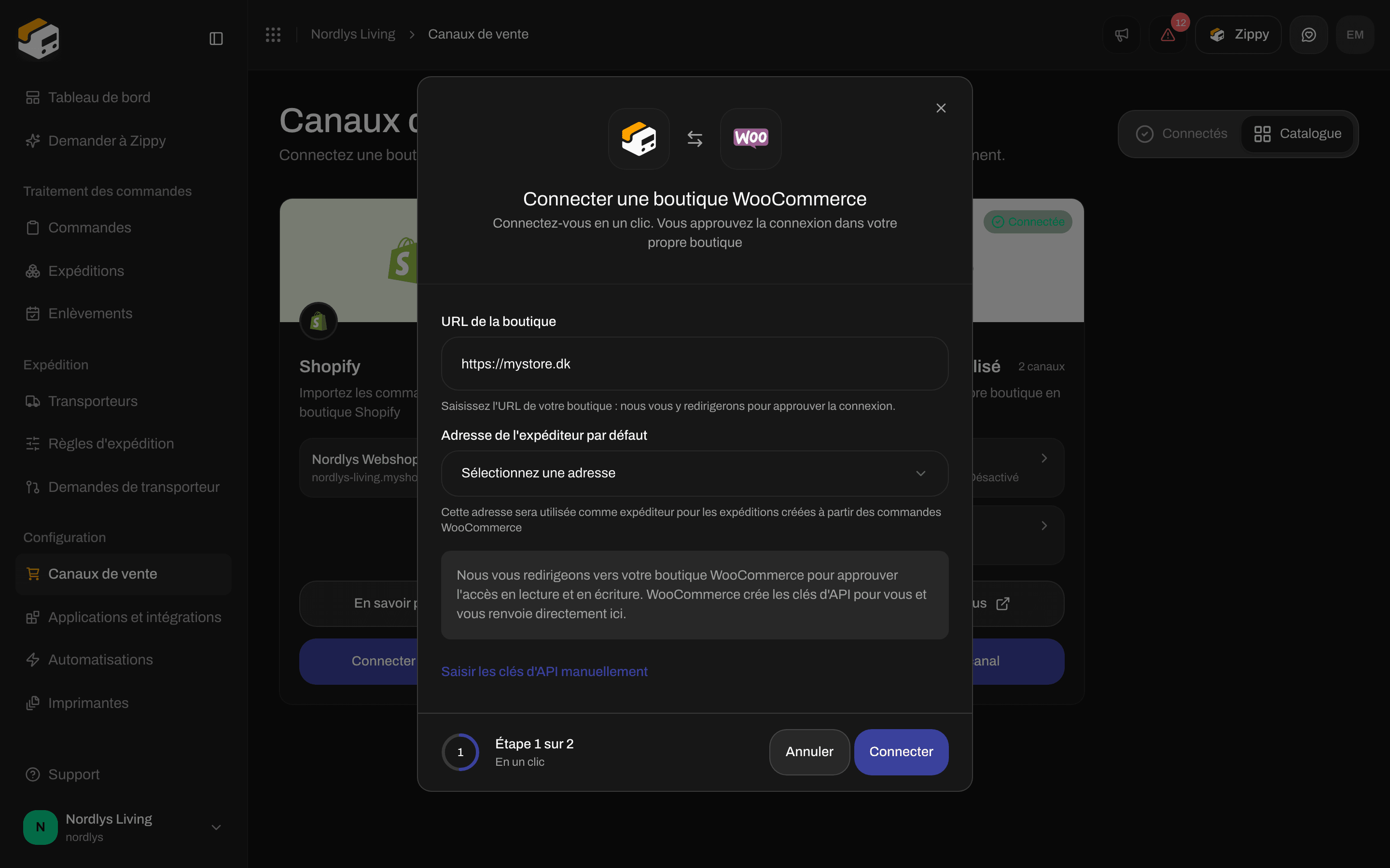 Fenêtre Connecter une boutique WooCommerce avec URL de la boutique, Adresse de l'expéditeur par défaut et Connecter