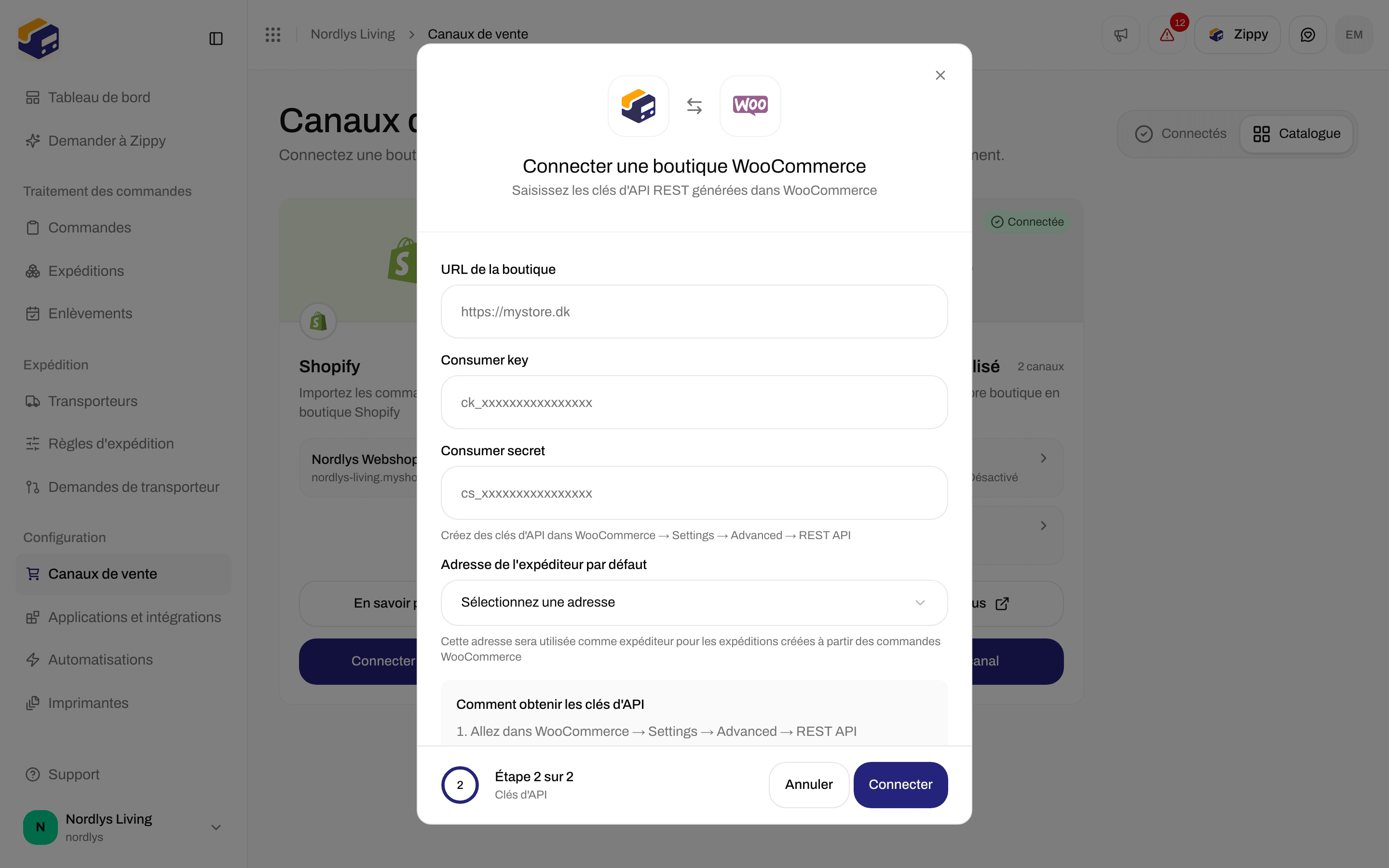 Fenêtre Connecter une boutique WooCommerce à l'étape Clés d'API