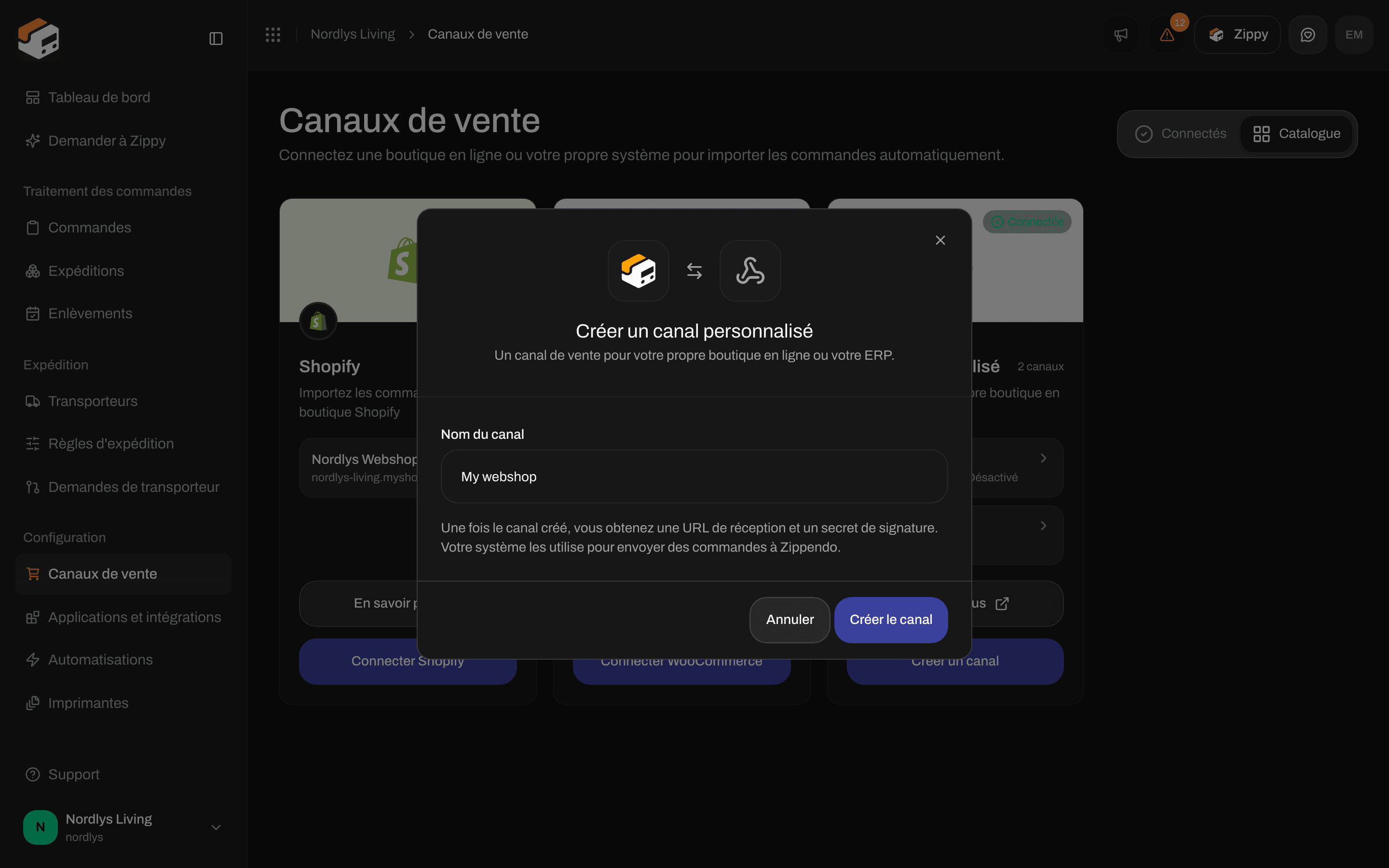 Fenêtre Créer un canal personnalisé avec le Nom du canal My webshop