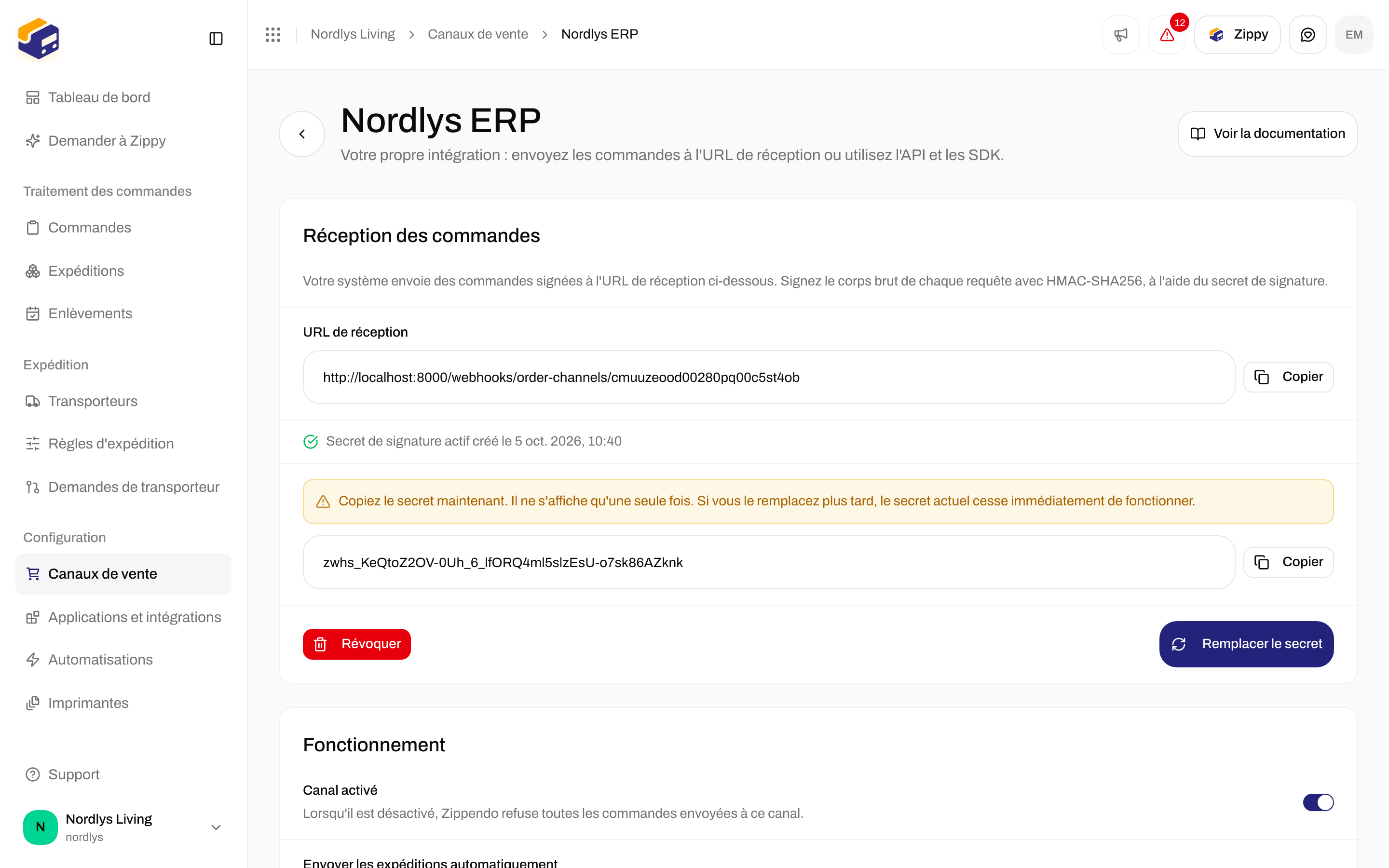 Réception des commandes avec l'URL de réception, le secret de signature affiché une seule fois, Révoquer et Remplacer le secret