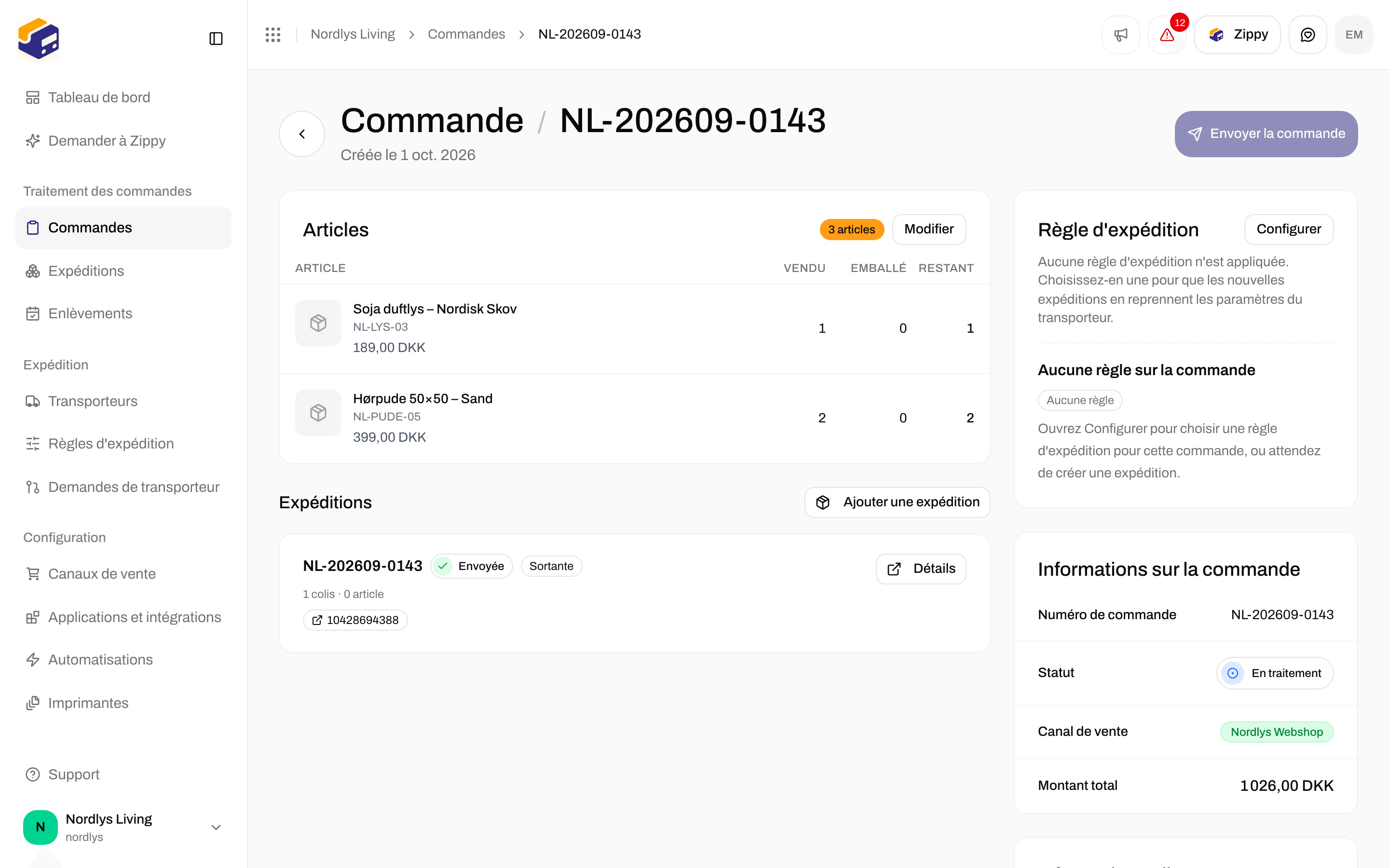 Page de commande avec le Canal de vente, le statut En traitement et un bouton Envoyer la commande
