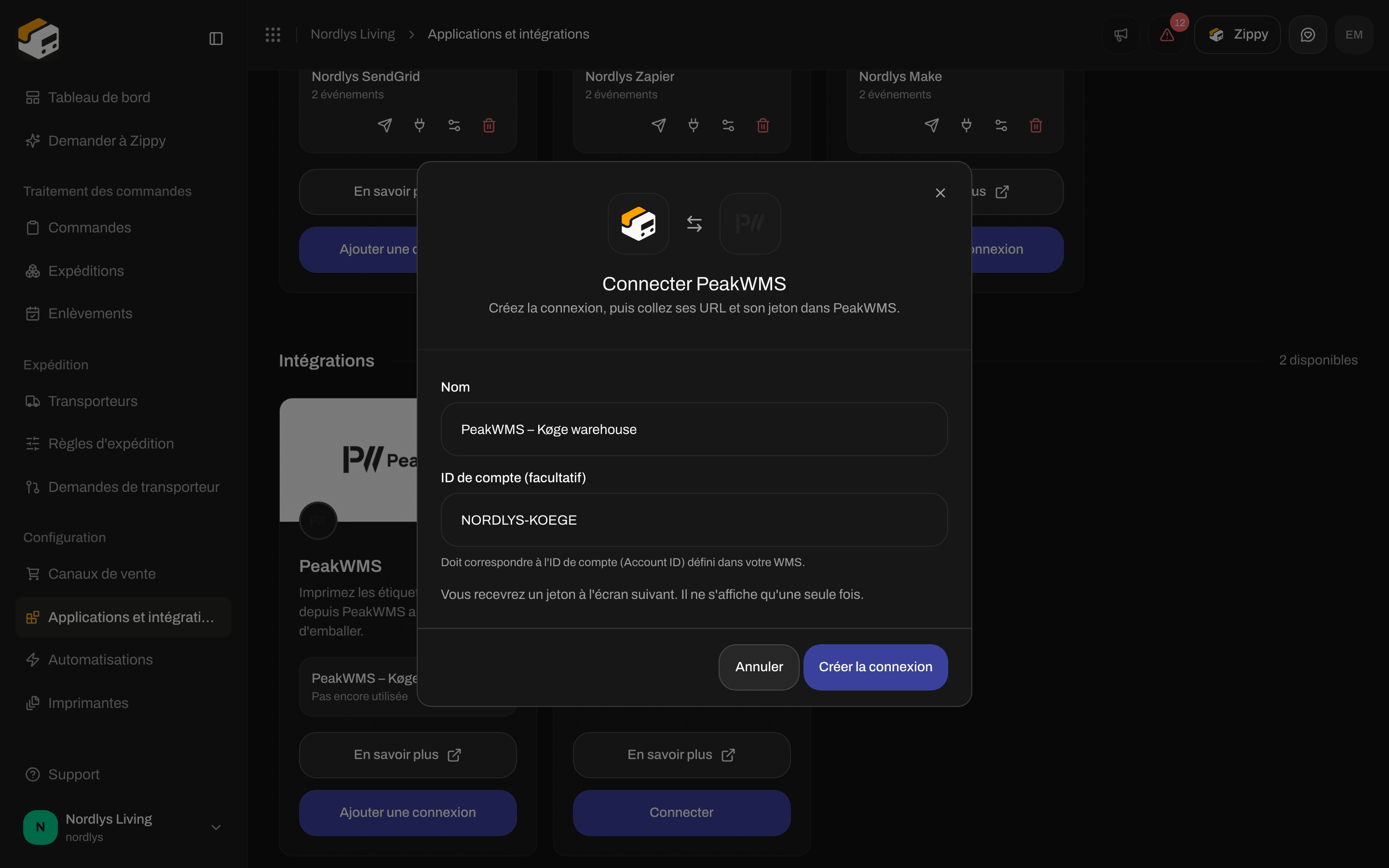 Fenêtre Connecter PeakWMS avec un nom d'entrepôt et un exemple d'ID de compte