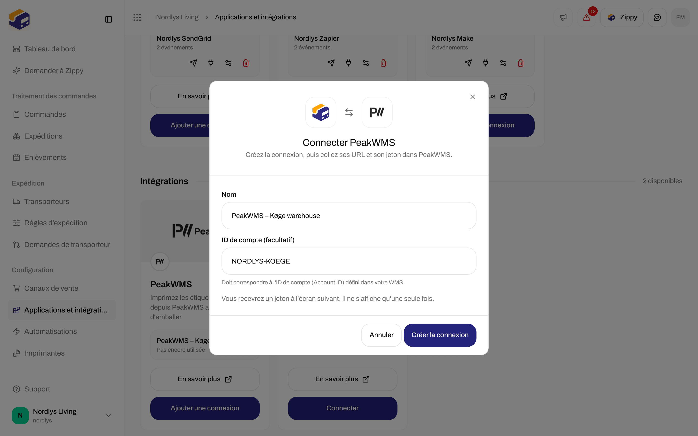 Fenêtre Connecter PeakWMS avec un nom d'entrepôt et un exemple d'ID de compte