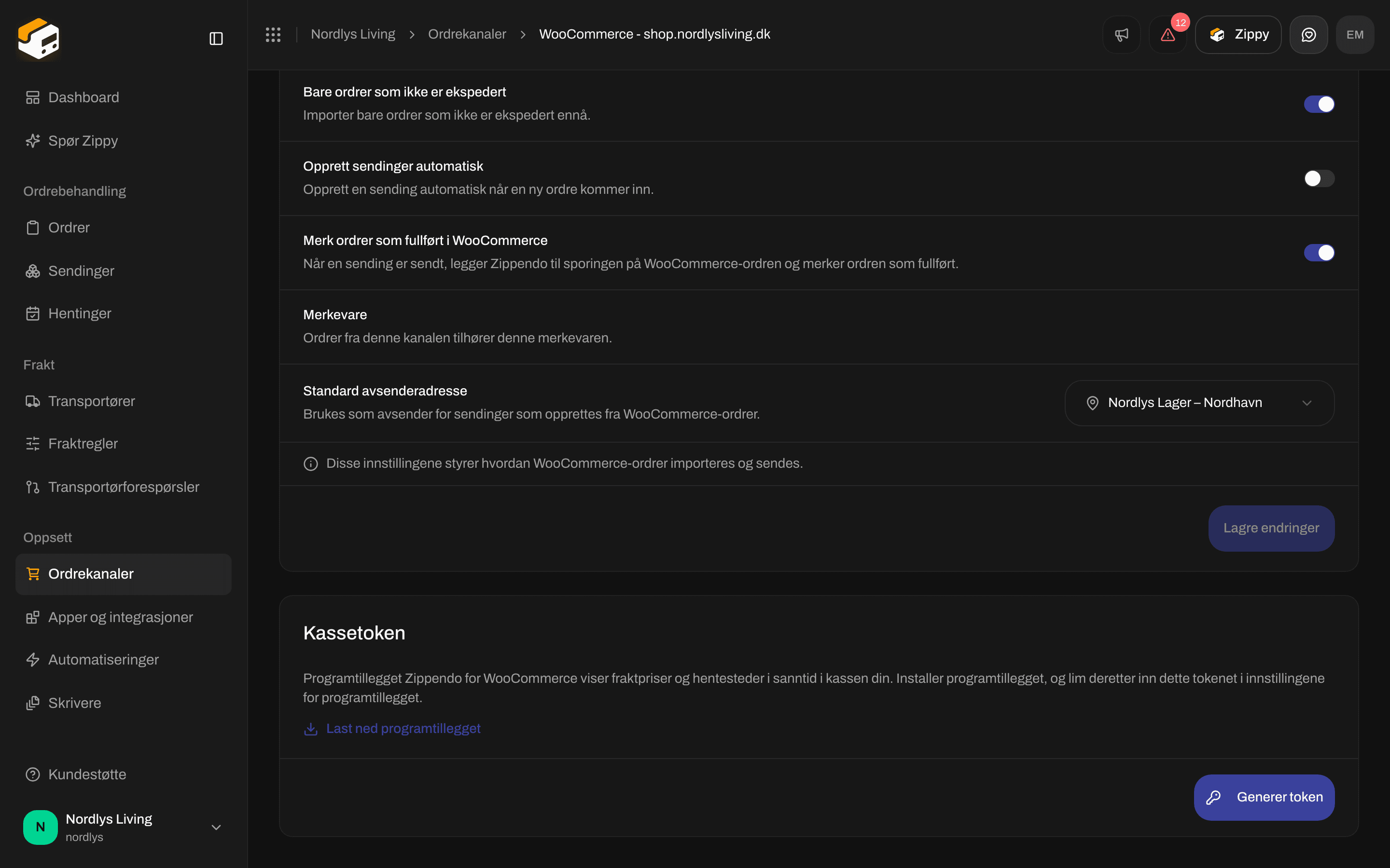 WooCommerce-fanen Ordrer og kasse med bryterne for ordresynkronisering, Merkevare og Standard avsenderadresse