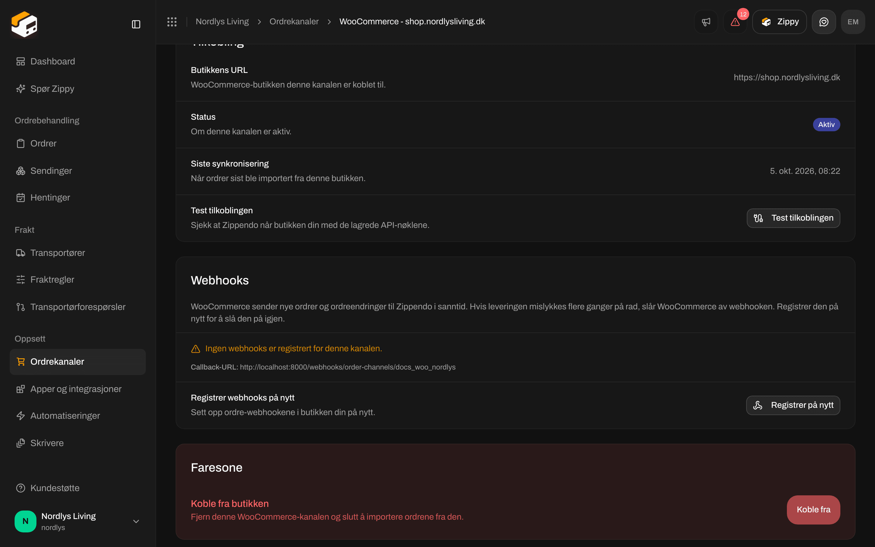 Kortet Webhooks med webhook-listen, callback-URL-en og Registrer på nytt