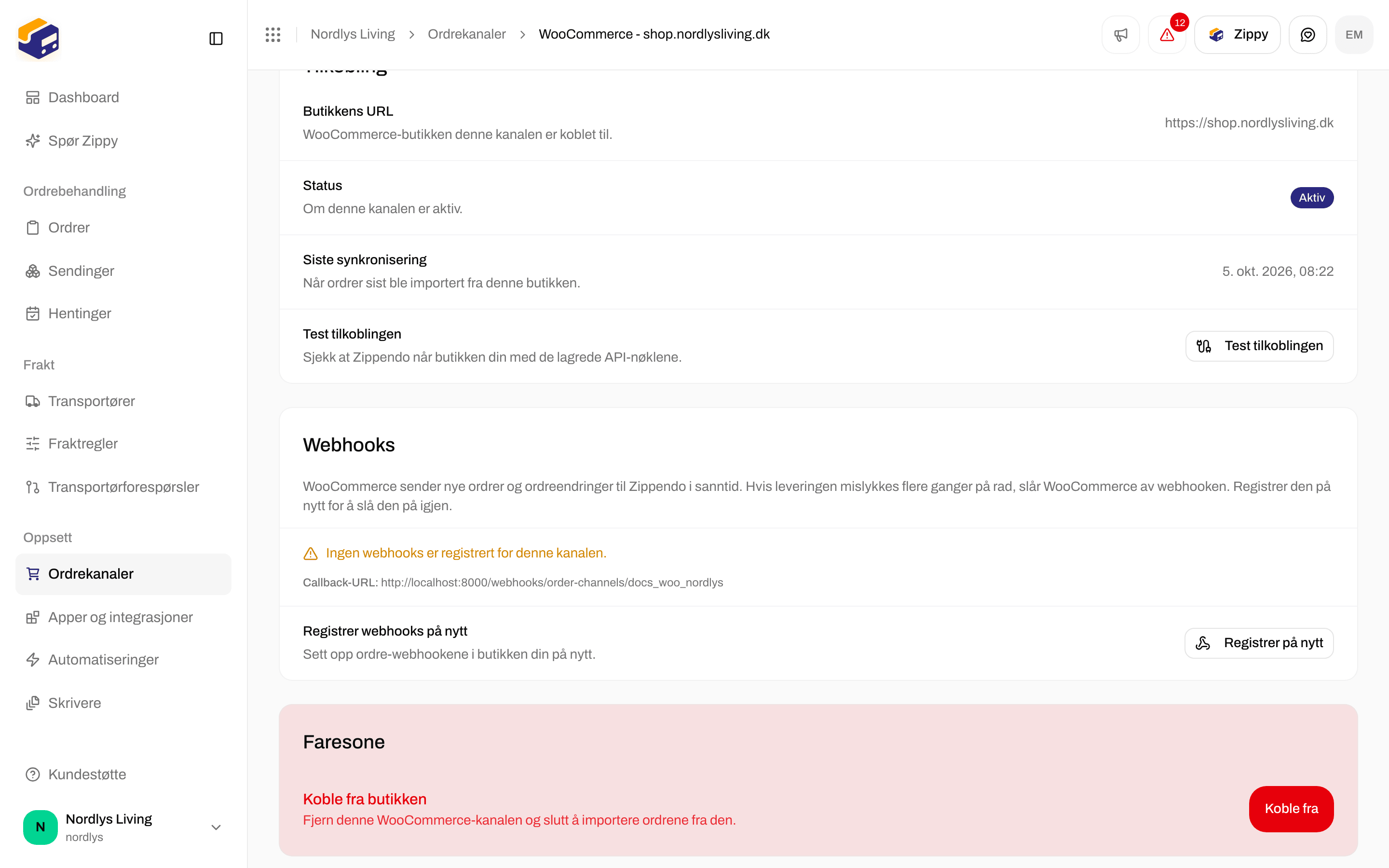 Kortet Webhooks med webhook-listen, callback-URL-en og Registrer på nytt