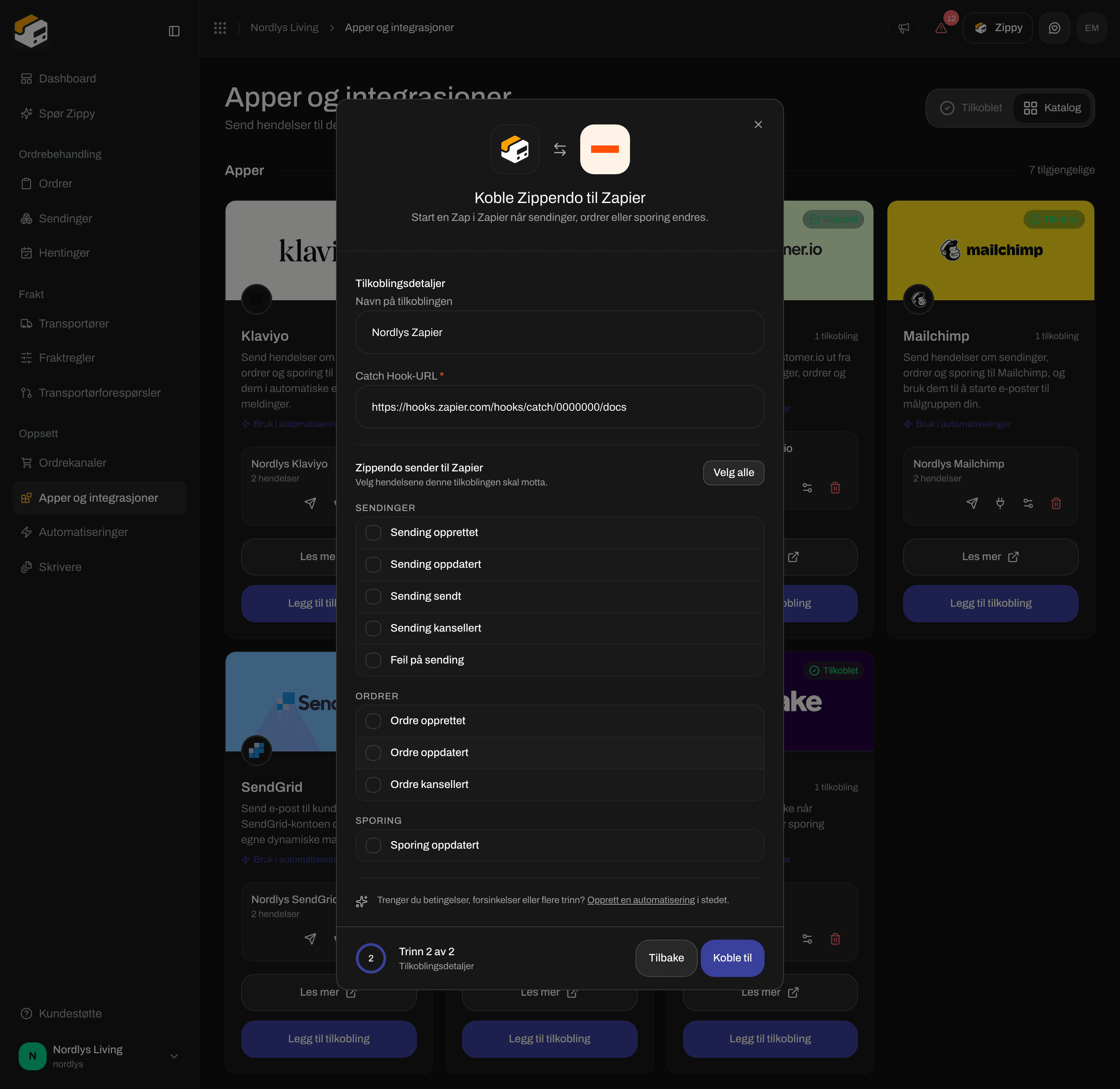 Tilkoblingsvinduet for Zapier med et navn på tilkoblingen, Catch Hook-URL-en og avkrysningsbokser for hendelser