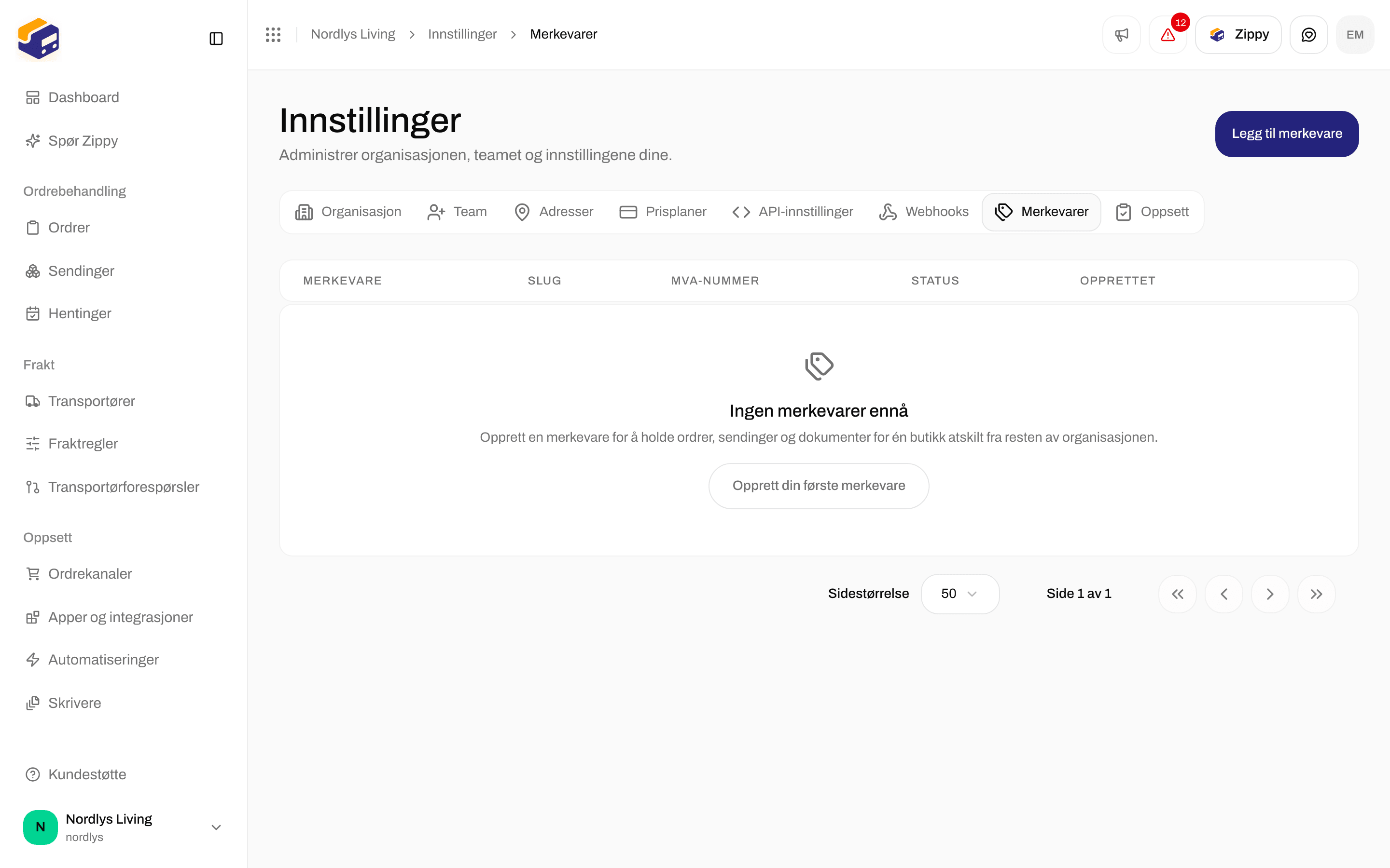 Fanen Merkevarer uten innhold med Ingen merkevarer ennå og Opprett din første merkevare